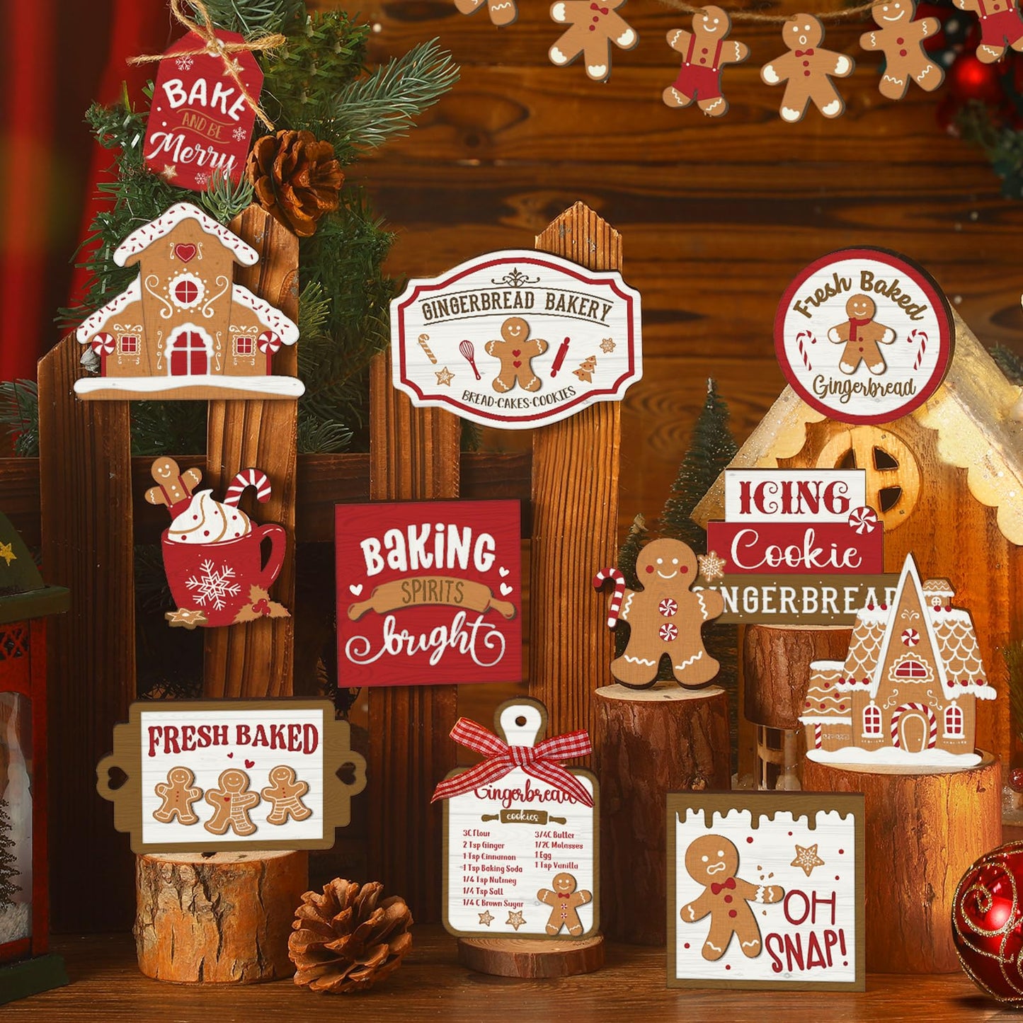 Funnymoom 17 Pcs Christmas Tiered Tray Decor Set Winter Tiered Tray Decorations Farmhouse Tabletop Centerpiece Christmas Wooden 3D Signs for Xmas Home Table Centerpiece Decorations(Gingerbread)