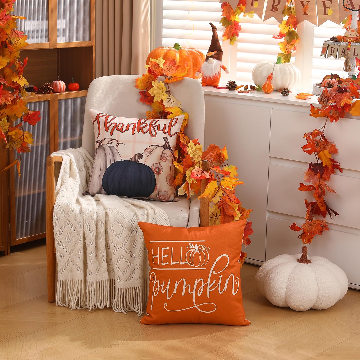 DFXSZ Fall Pillow Covers 18x18 inch Set of 4 Buffalo Plaid Fall Blue Pumpkin Throw Pillow Cover Autumn Thanksgiving Decoration for Home Couch Bed