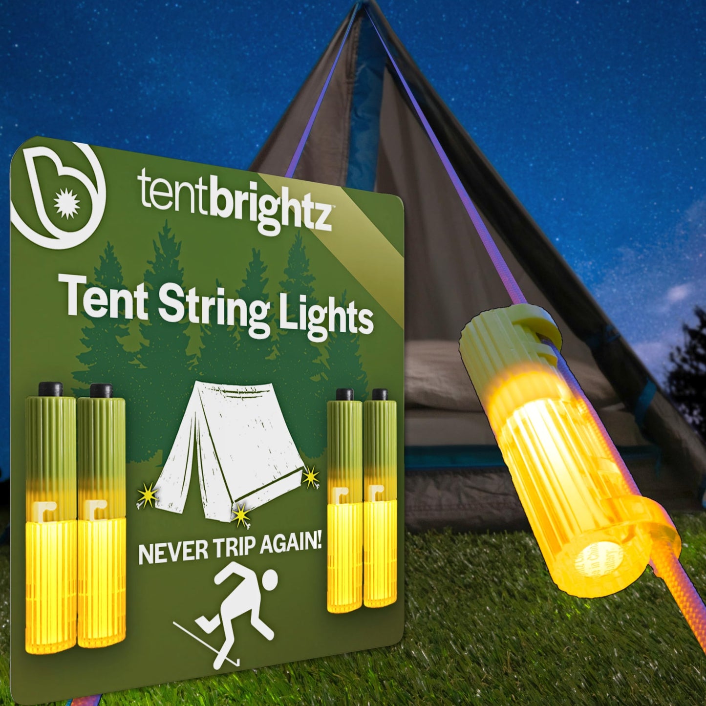 Brightz LED Tent String Lights - Keep Tent Guy-Lines Visible at Night - Campsite Safety Lights
