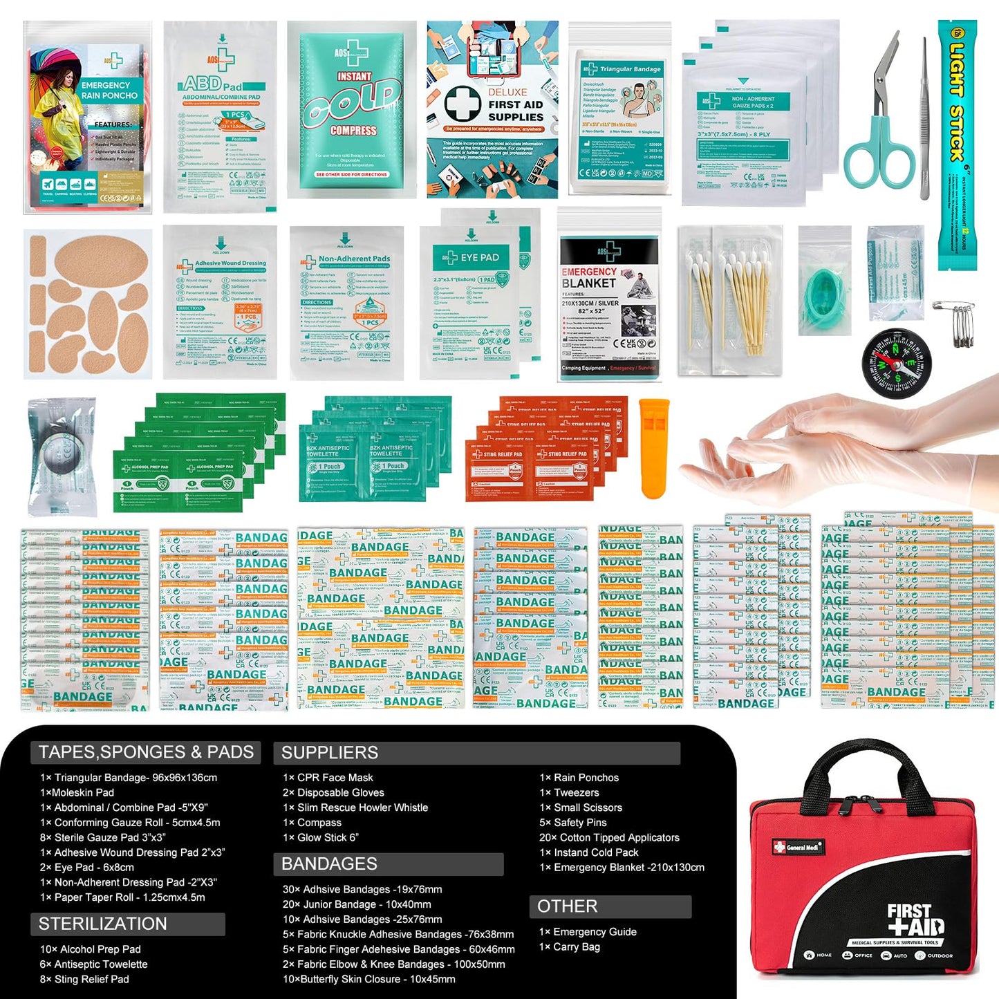 First Aid Kit -160 Pieces Compact and Lightweight - Including Cold (Ice) Pack, Emergency Blanket, Moleskin Pad,Perfect for Travel, Home, Office, Car, Camping, Workplace (Red)