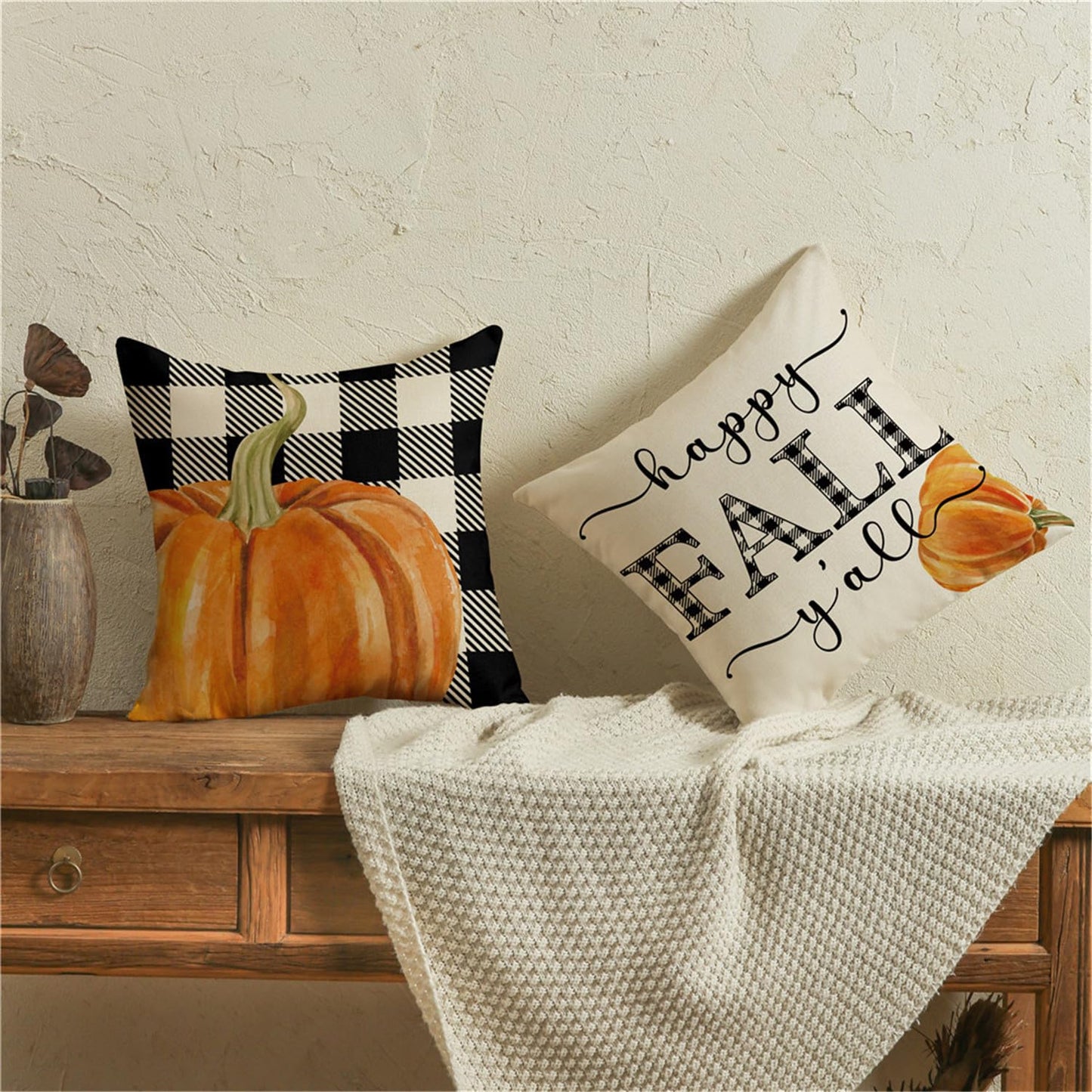 KISVODS Fall Pillow Covers 18x18 Thanksgiving Farmhouse Decorations Buffalo Plaid Pumpkin Maple Leaf Outdoor Fall Decor Throw Pillow Covers Blessed Autumn Harvest Cushion Case for Sofa Couch Set of 4