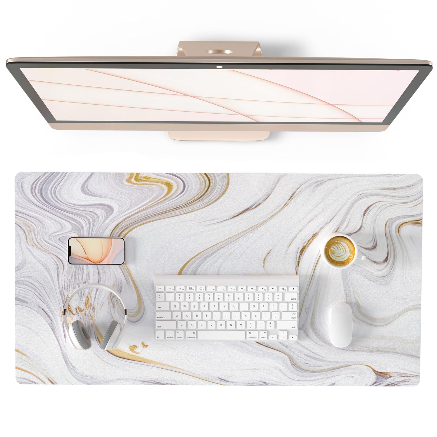 QIYI Large Mouse Pad, Cute Pink Desk Mat for Desktop, Women Girls PU Leather Waterproof Gaming, Rose Gold Marble Computer PC Laptop Protector Writing Pads for School Office Home 31.5" x 15.7"