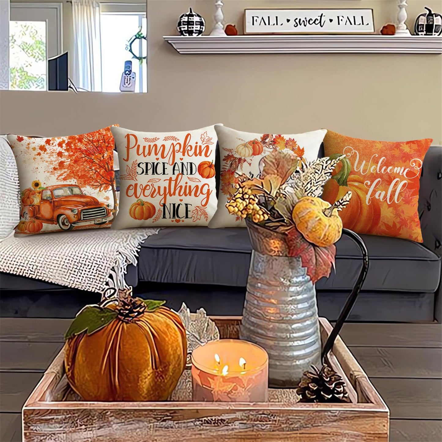 NIGHTWISH Fall Pillow Covers 18x18 Set of 4 Thanksgiving Farmhouse Decorations Orange Truck Pumpkin Outdoor Fall Decor Throw Pillow Covers Grateful Harvest Autumn Cushion Case for Sofa Couch