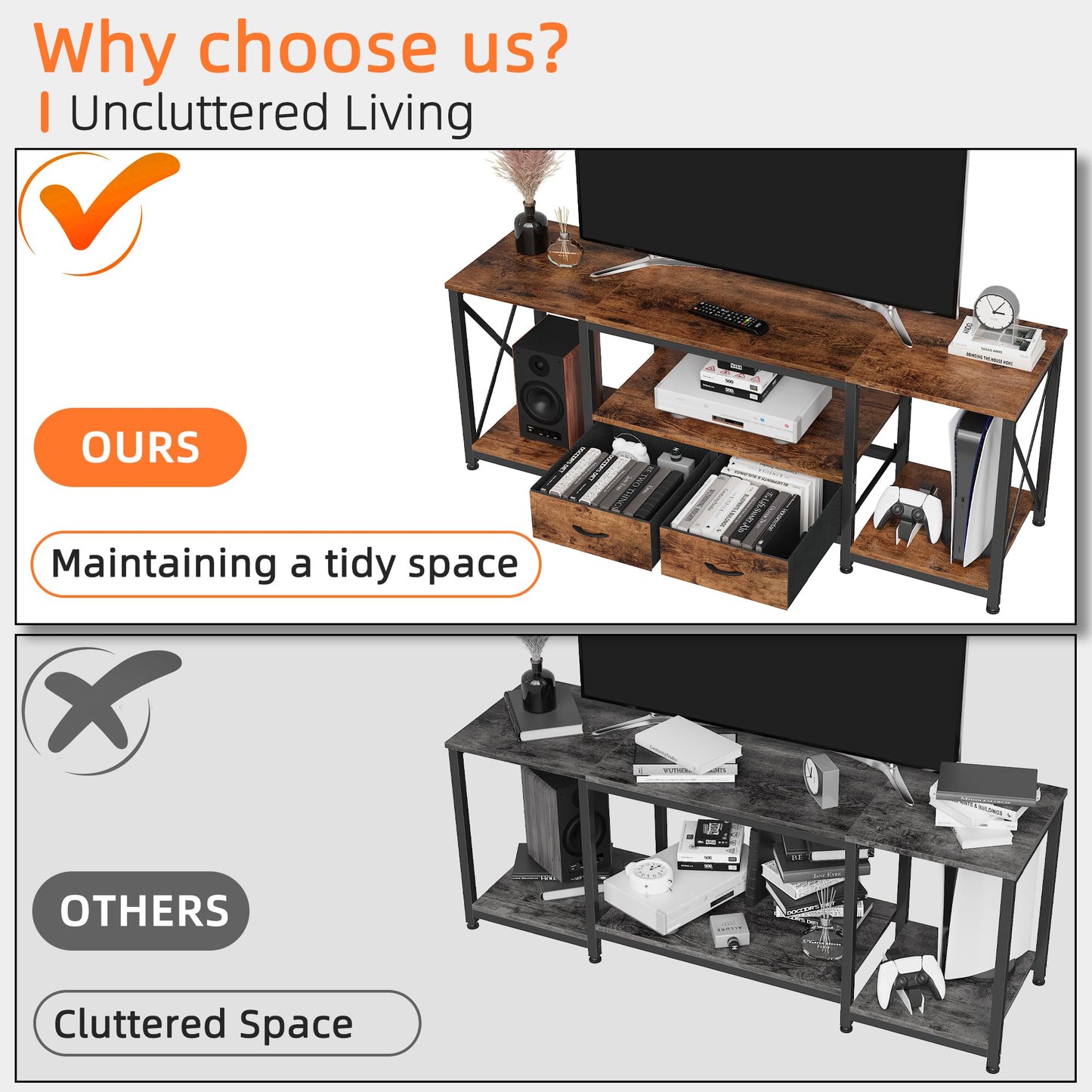 GYIIYUO TV Stand with Fabric Drawers for 65 70 75 Inches TV - Entertainment Center and Industrial TV Console Table with Open Storage Shelves for Living Room, Bedroom - 63" Rustic Brown