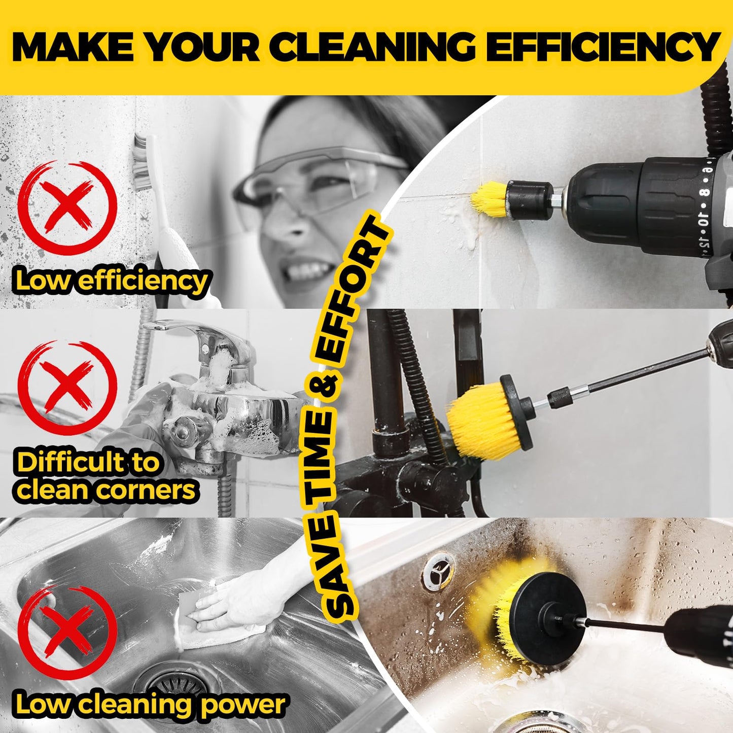 Holikme 6Pack Drill Brush Power Scrubber Cleaning Brush Extended Long Attachment Set All Purpose Drill Scrub Brushes Kit for Grout, Floor, Tub, Shower, Tile, Bathroom and Kitchen Surface,Yellow