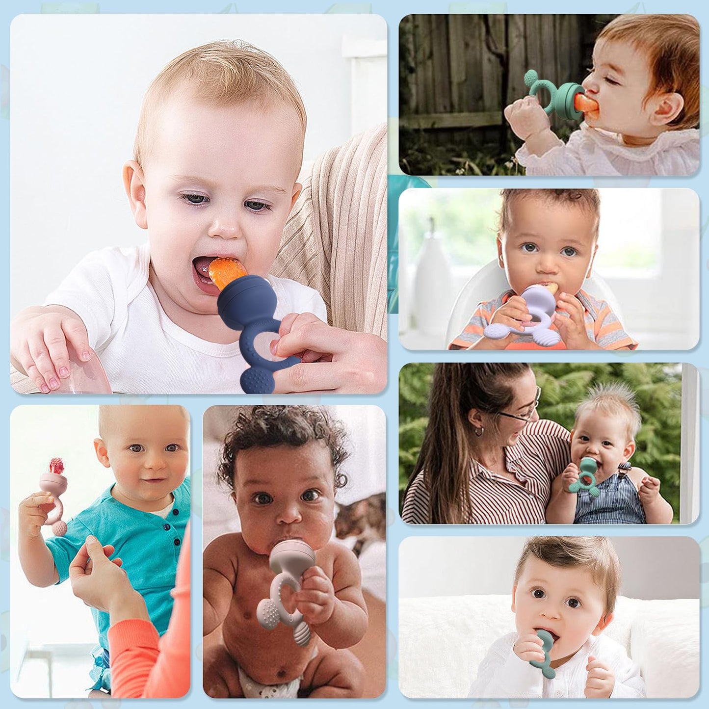 HAOBAOBEI Baby Fruit Feeder, Frozen Teething Toys, Infants Teether Pacifier with 3 Extra Teats, Toddler Eating Essentials, BPA Free Feeding Supplies (Steel Blue)