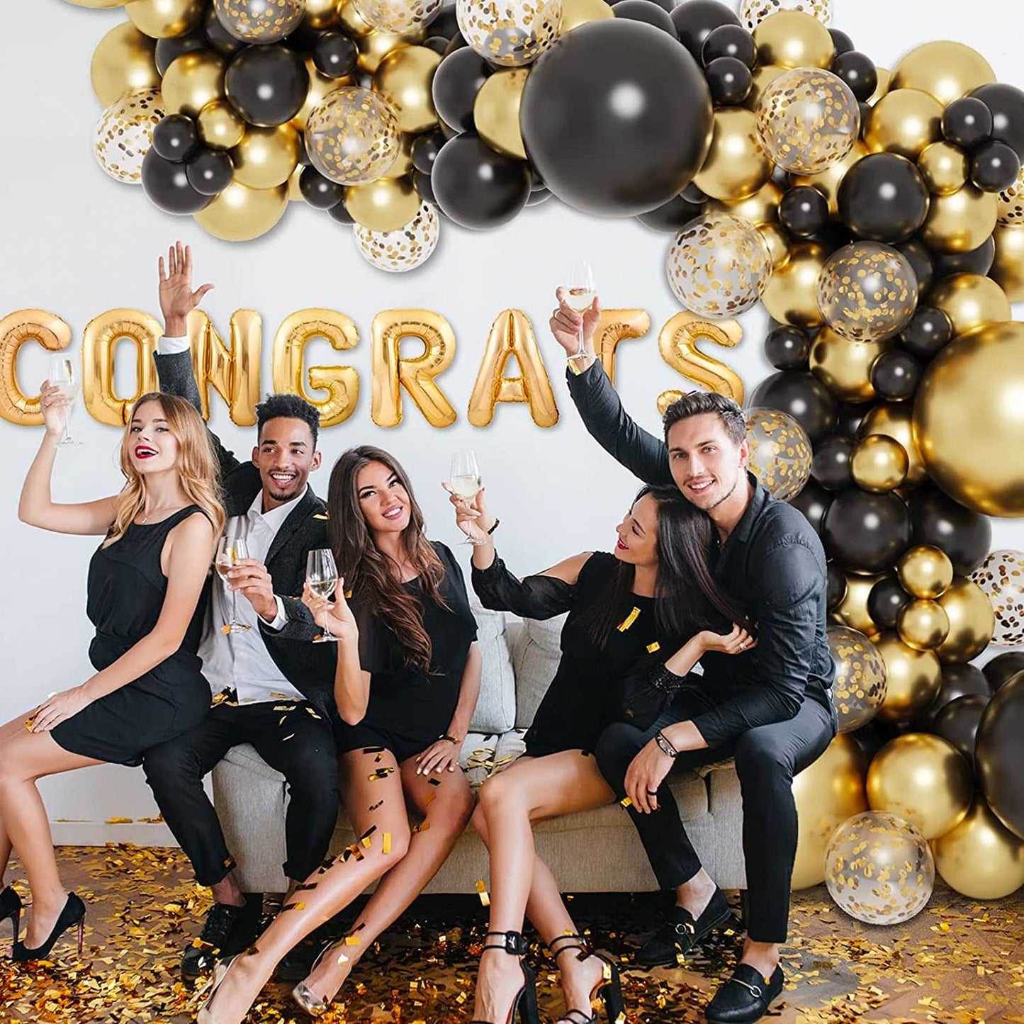 RUBFAC 110pcs Black and Gold Balloons Garland Arch Kit with Black Gold Confetti Balloons for Graduation Birthday Wedding Party Decorations