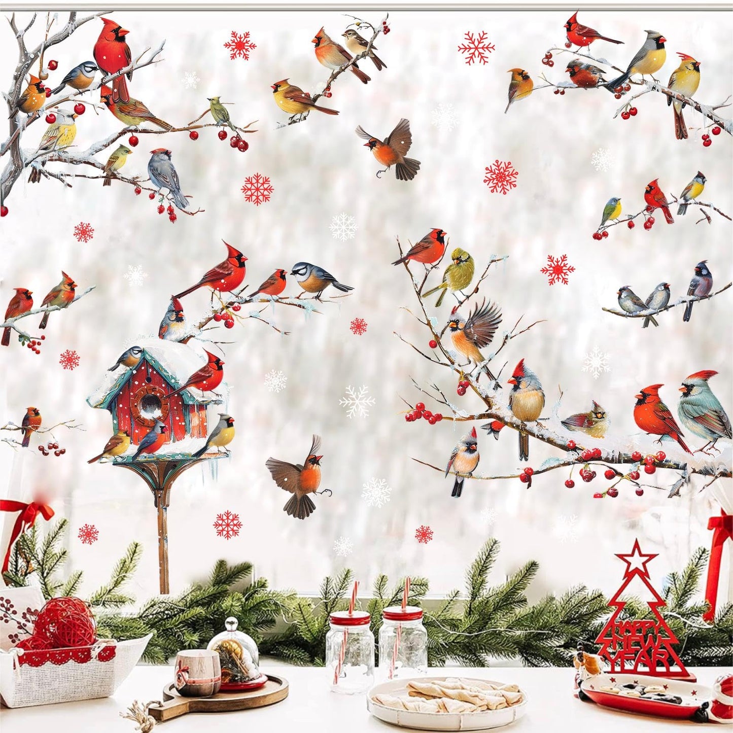Winter Window Stickers Christmas Window Clings Indoor Outdoor Decoration Xmas Stickers for Winter Holiday Supplies Birds Tree Branch Window Decals for New Year Christmas Party Living Room Home Decor