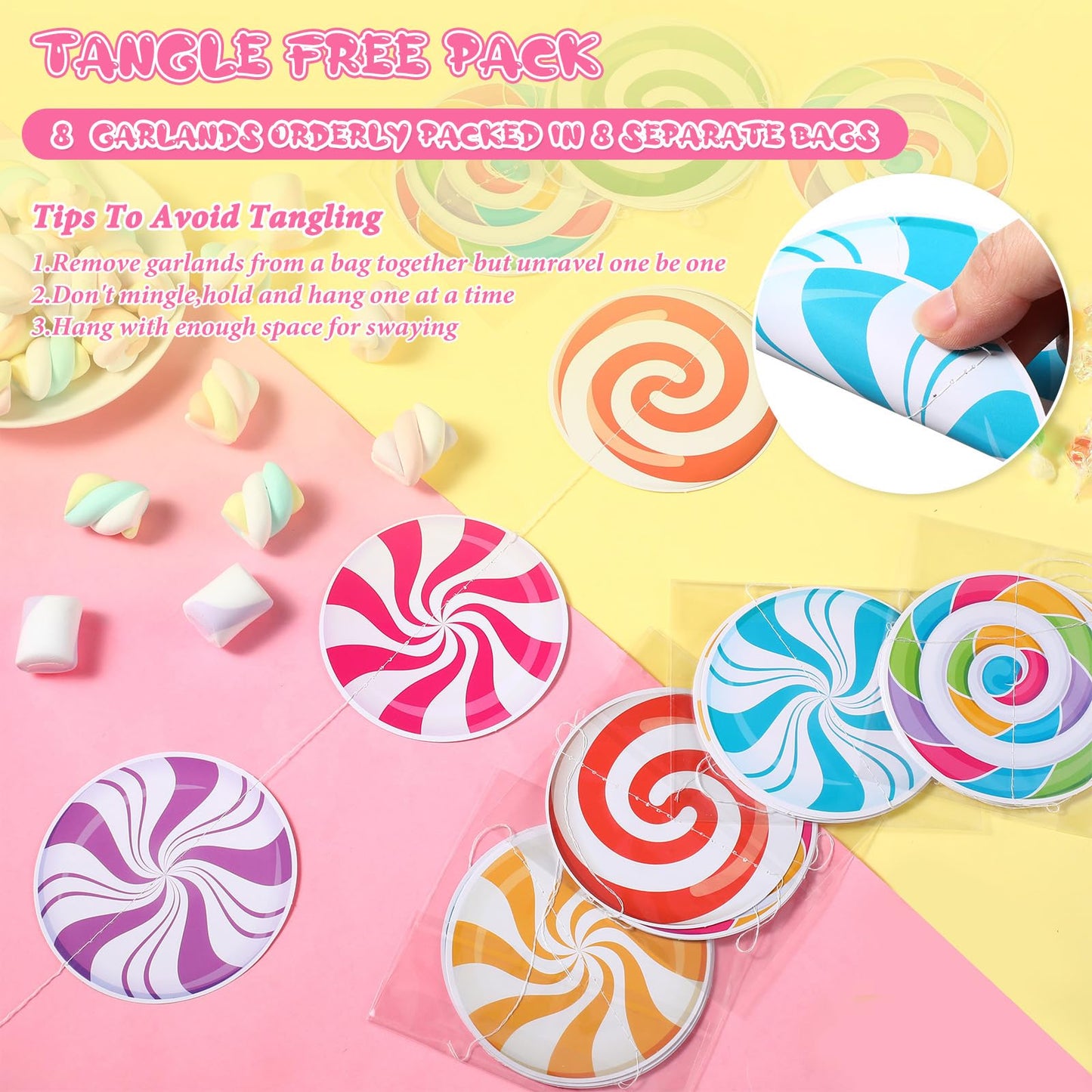 Capoda 8 Pieces Candy Party Decorations Candyland Paper Garlands Candy Paper Cutouts Lollipop Garland Banner Sweet Hanging Decor for Birthday Theme Party Supplies