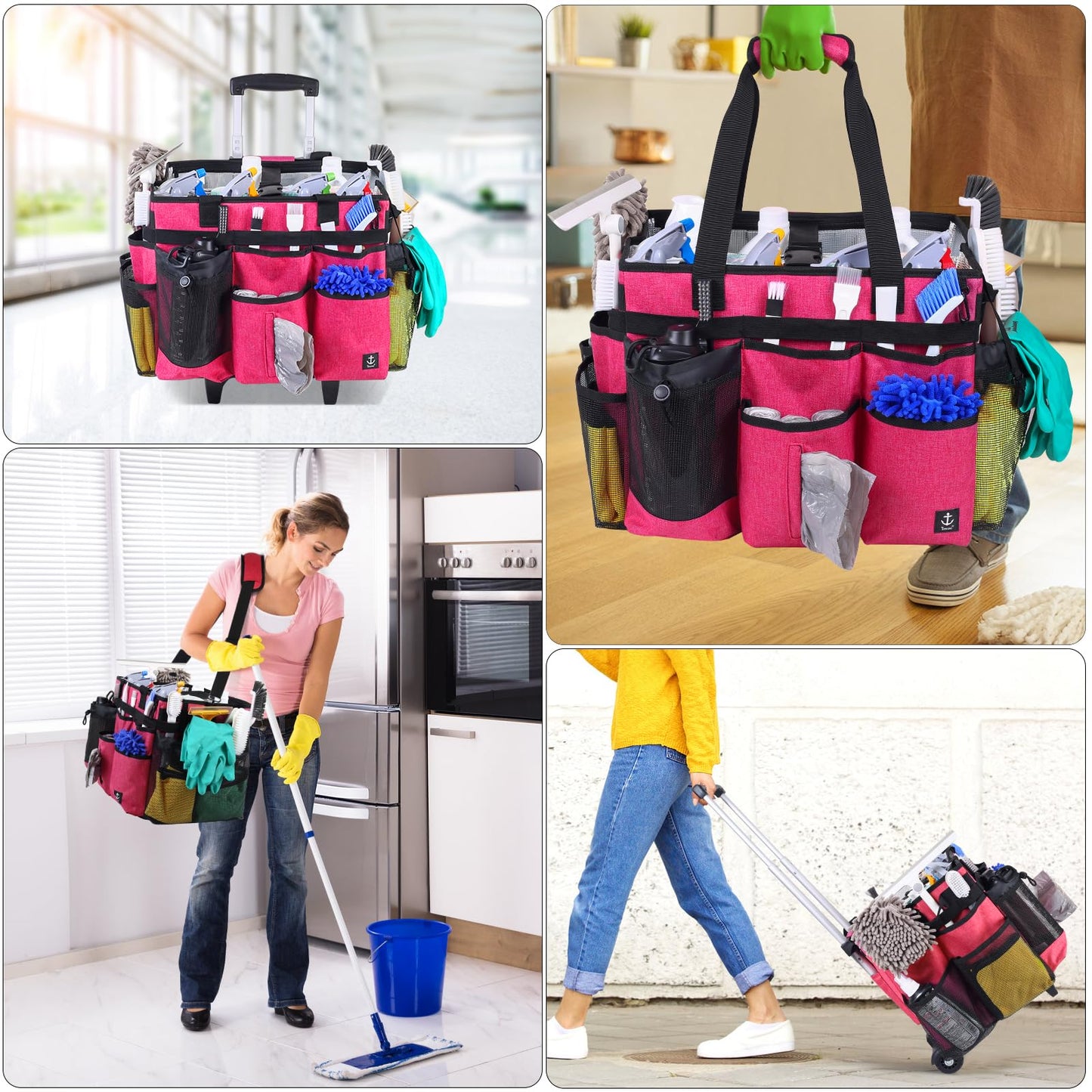 Timoxi Extra Large Rolling Cleaning Caddy Bag with Detachable, Foldable Trolley Portable Cleaning Cart for Housekeeping Cleaning Caddy with Adjustable Shoulder Strap and Multiple Storage Pockets