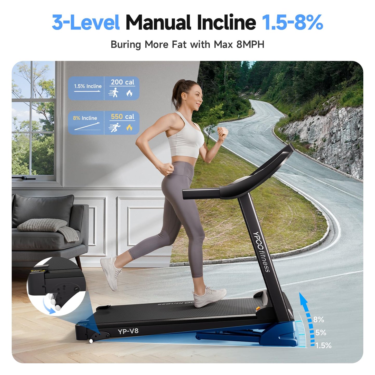 Treadmills for Home with Incline, Auto Foldable Running Treadmills, 8.0 MPH Walking Pad Treadmill with Bluetooth, 300 lbs Weight Capacity Quiet