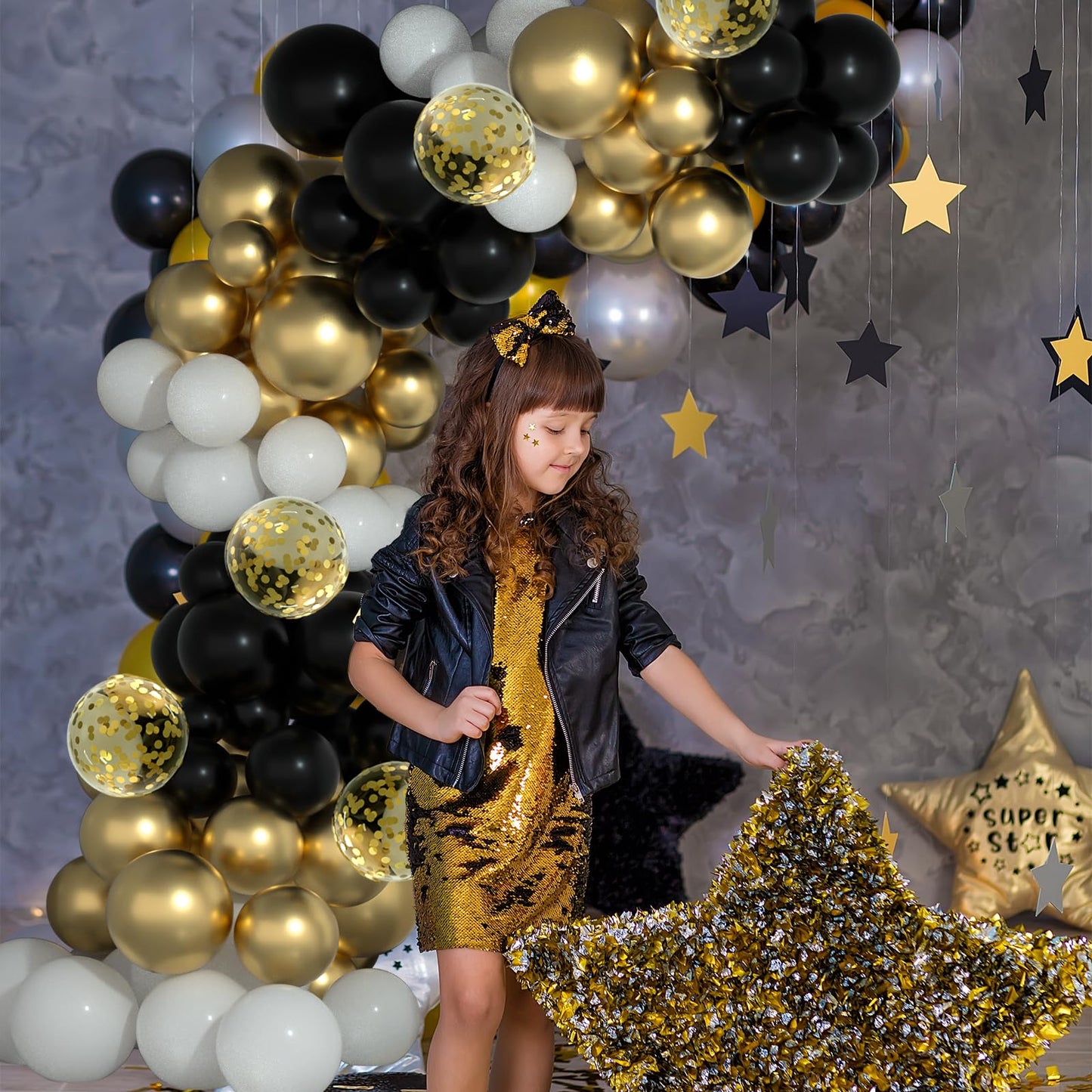 NEBURORA Black and Gold Confetti Balloons 60pcs 12inch Metallic Gold White and Black Confetti Balloons with Ribbons for Birthday Party Wedding Graduation Holiday Celebrating