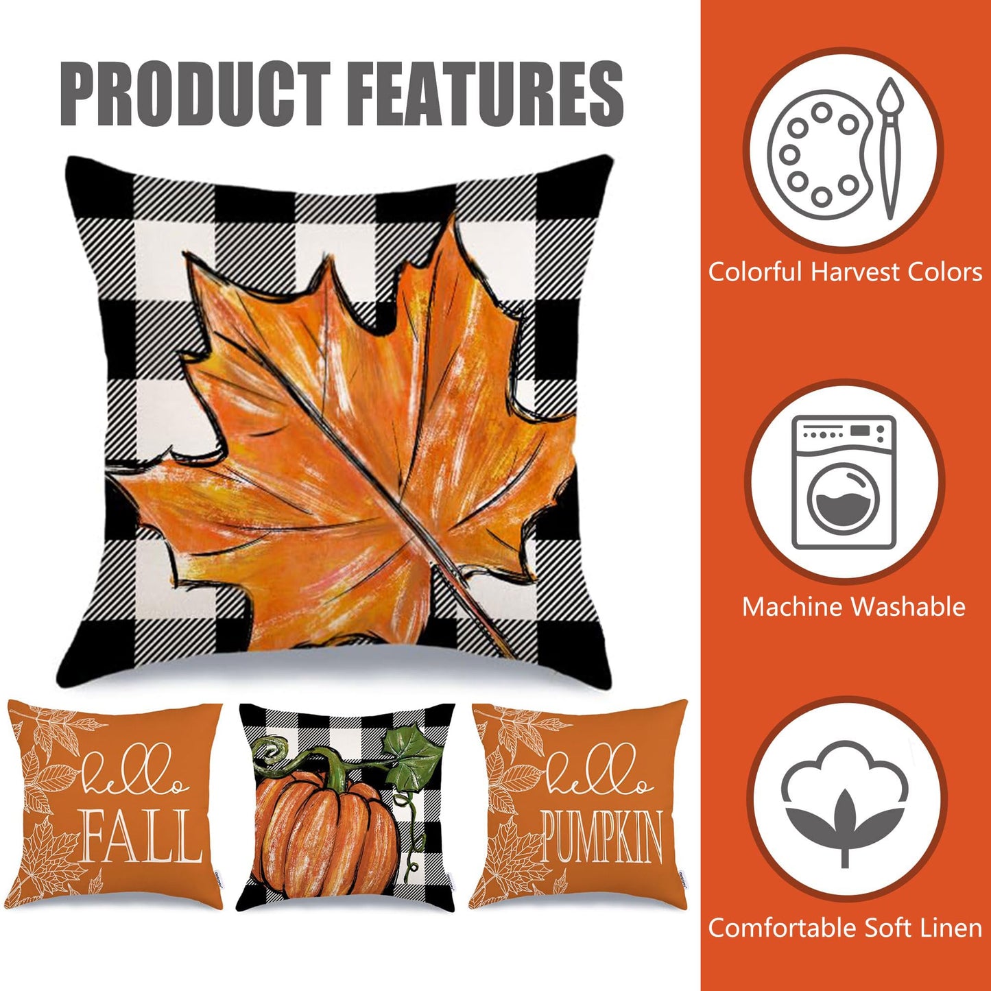 VORA Fall Pillow Covers 18x18 Thanksgiving Pillow Covers Set of 4, Orange Decorative Throw Pillow Covers with Pumpkin Outdoor Fall Farmhouse Decorative, Thanksgiving Themed for Couch