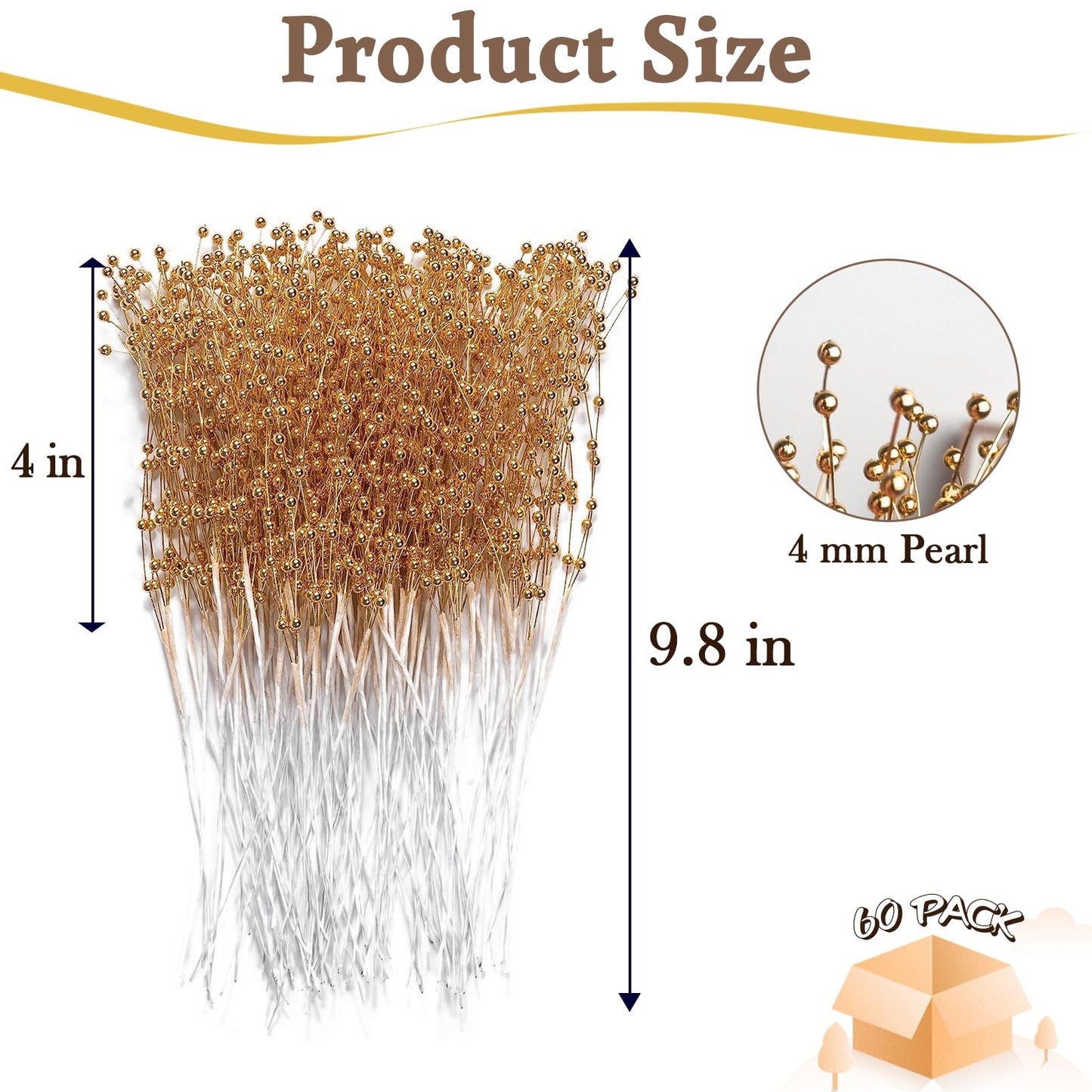 60 Pieces Pearl Stick Stems Bouquets, 4mm Bead String Garland Beaded Spray Filler Floral Arrangements Tree Picks Wedding Party Decoration (Gold)