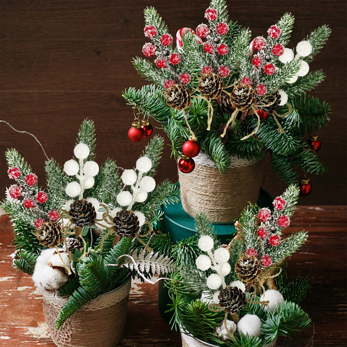 White Berry Stems Floral Pine Cones 10PCS Christmas Artificial Pine Branches Evergreen Berries Branch White Holly Spray Wreath Picks for DIY Craft Christmas Winter Décor