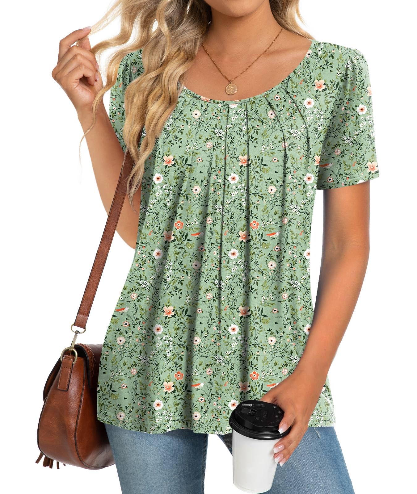 Anymeet Womens Summer Tops Short Sleeve Casual Blouses Beach Tee for Leggings Hide Belly Plus Size Green Flowers 2X-Large