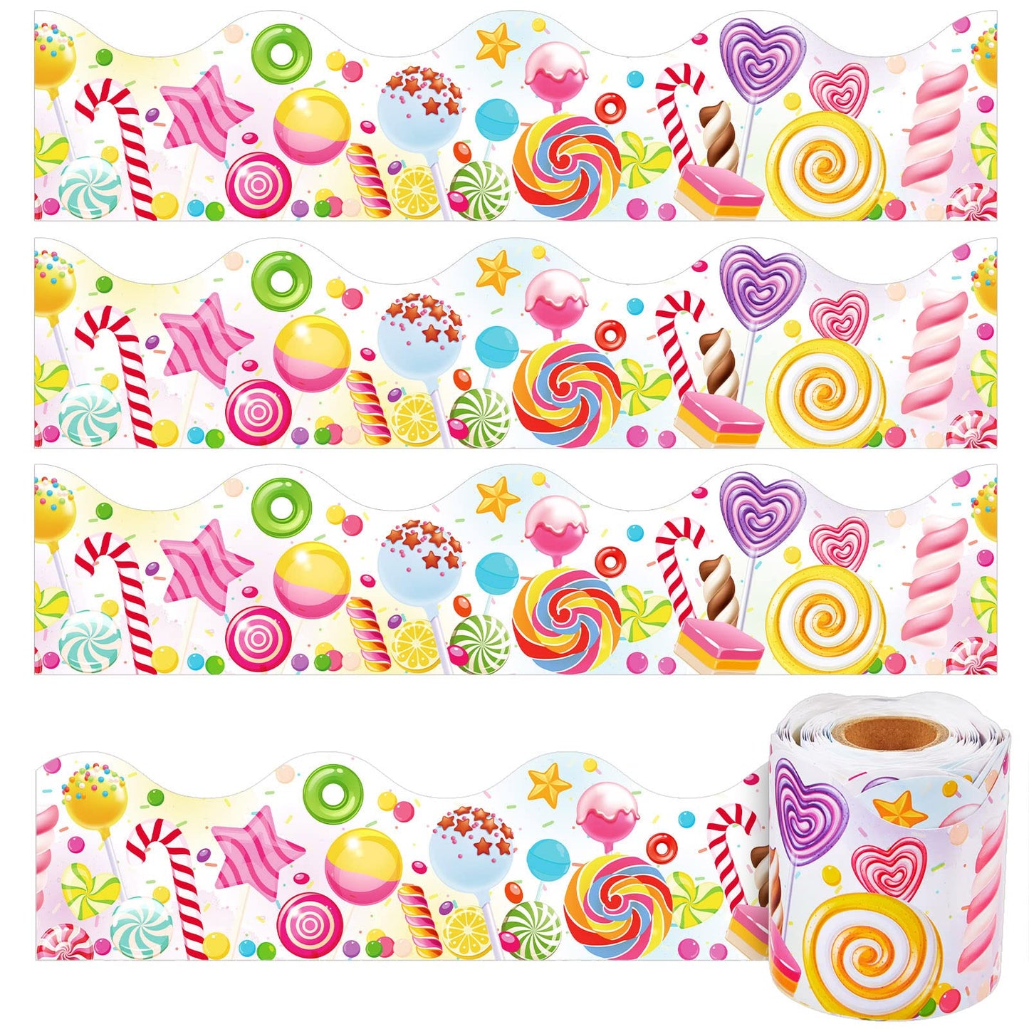 Outus 65.6ft Candyland Bulletin Board Border Lollipop Self Adhesive Scalloped Border Trims Sweet Themed Cutouts Bulletin Board for Classroom School Door Desk Supplies, Birthday Party Decorations