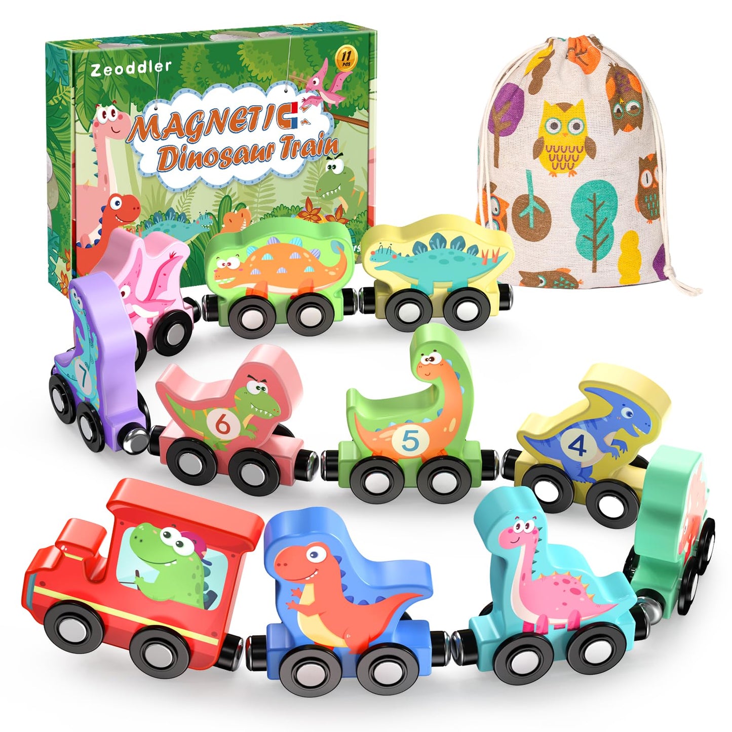 Toys for Toddlers, 11 Magnetic Wooden Dinosaur Train Set, Montessori Toys for Toddlers, Preschool Educational Material for Kids, Birthday Gifts for Boys, Girls