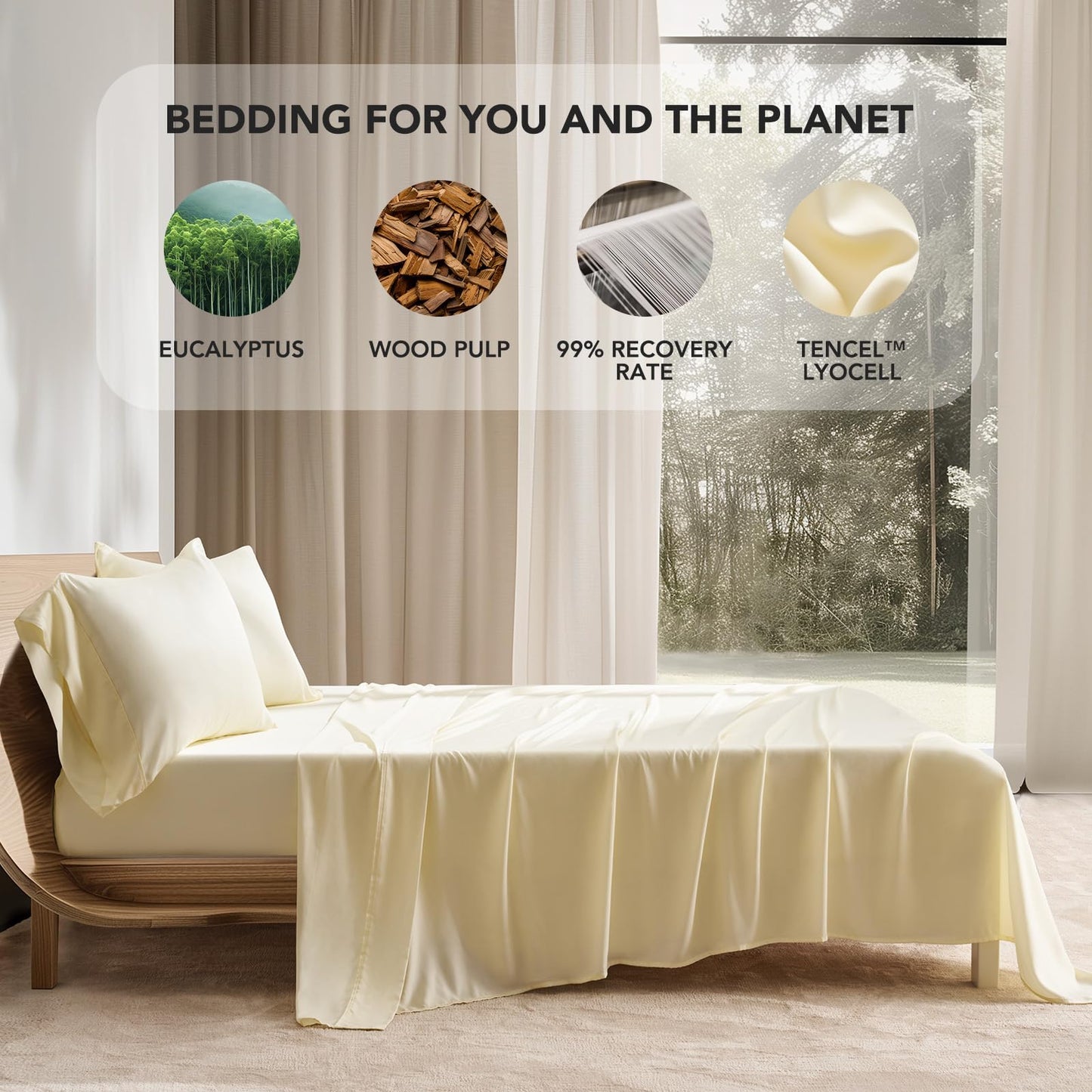 EVERGRACE Tencel Sheet Set Queen Size 4 Pieces,Soft Cooling Bed Sheets for Hot Sleepers, Eucalyptus Lyocell Luxury Breathable Bedding Set, 1 Fitted Sheet, 1 Flat Sheet, 2 Shams, Cream