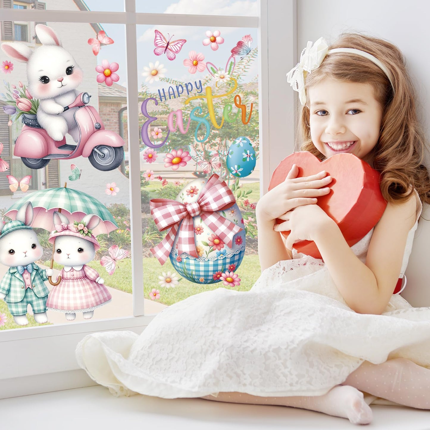 Easter Window Clings, 65 PCS Easter Stickers, Reusable Double-Sided Cute Large Bunny Egg Butterfly Lily Flowers Stickers for Home Office Glass Display Party Supplies, Party, Home, Office