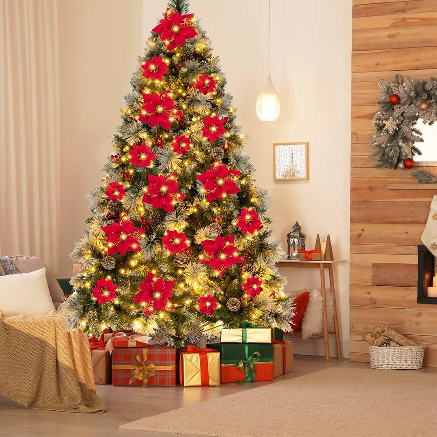 Geefuun 28PCS Christmas Tree Decorations: Poinsettias Artificial Flowers Ornaments Xmas Red Glitter Flower with Clips,3 Sizes(Not Included Stems)