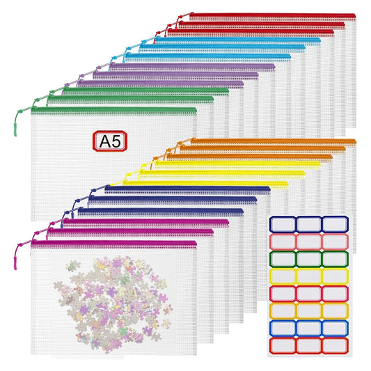 24pcs Mesh Zipper Pouch File Bags Puzzle Storage Bags, A3 17x12 Inches Large Reusable Zipper Pouches for Organizing Classroom Board Game Organization