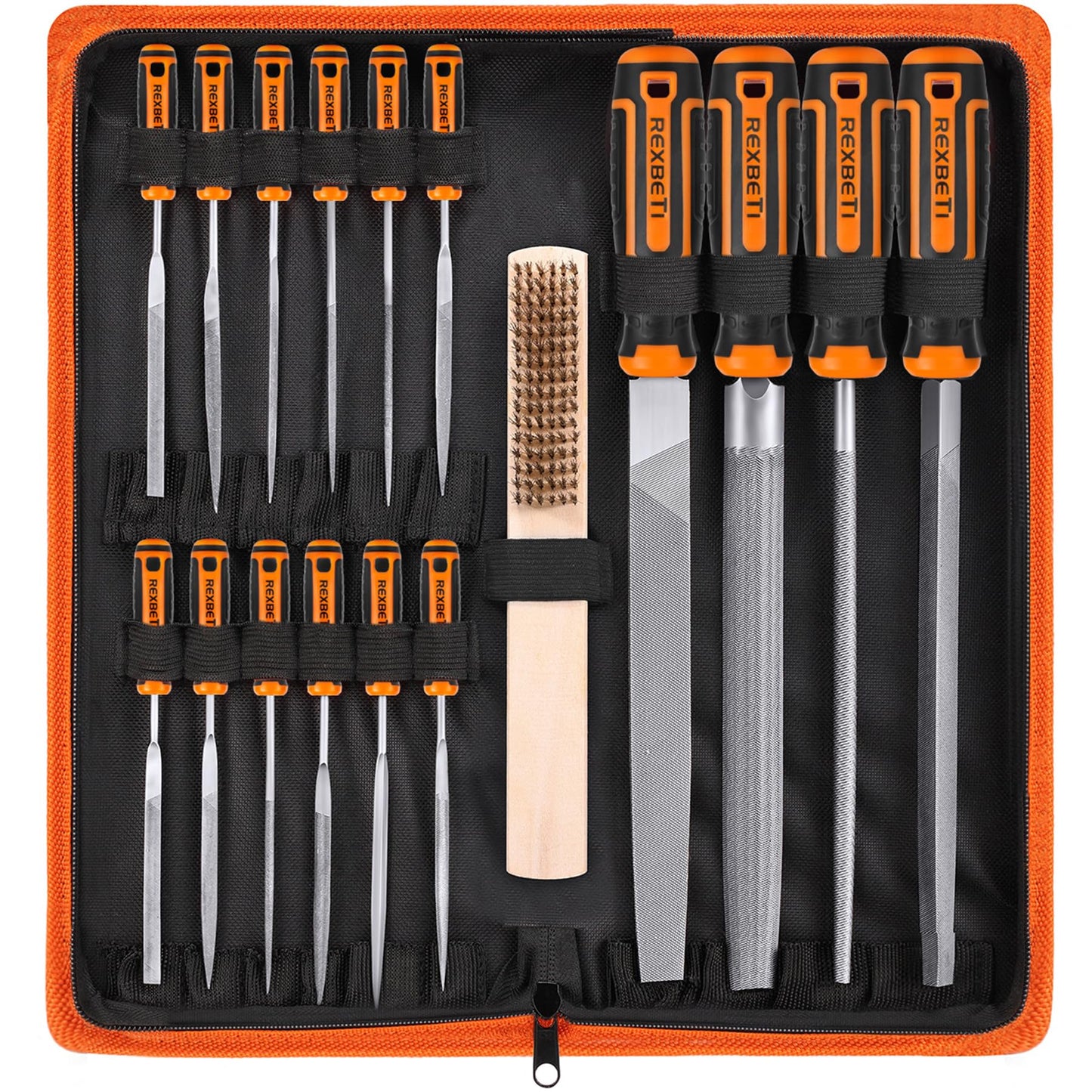 REXBETI 25Pcs Metal File Set, Premium Grade T12 Drop Forged Alloy Steel, Flat/Triangle/Half-round/Round Large File and 12pcs Needle Files with Carry Case, 6pcs Sandpaper, Brush, A Pair Working Gloves