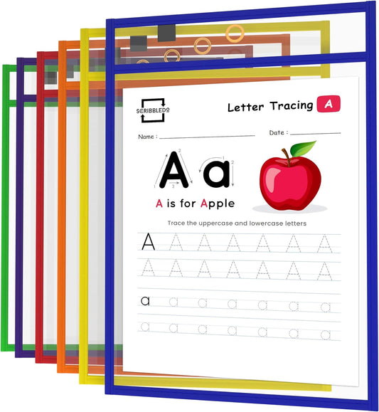 Scribbledo Reusable Dry Erase Sleeves, 6 Pack with Marker Holder, Colorful Pocket Sleeves for School or Work, Assorted Colors Sheet Protectors and Ticket Holders