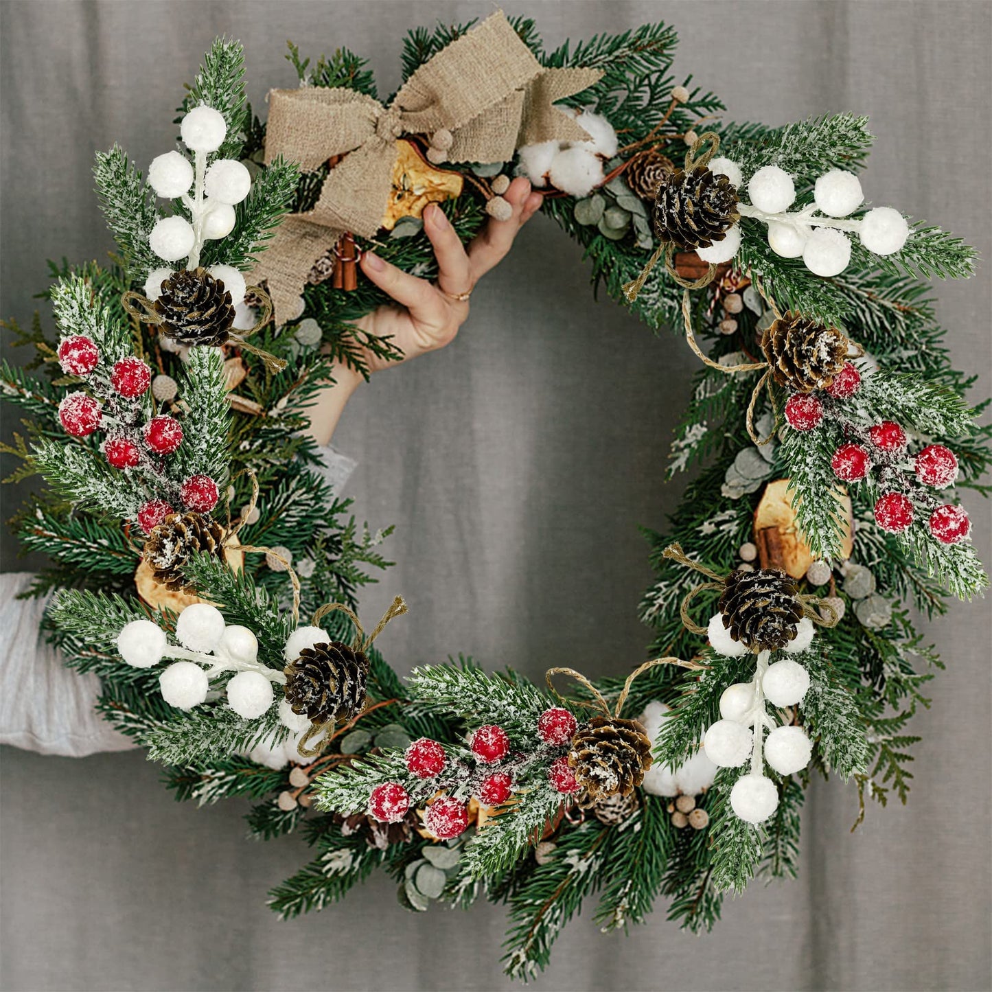 White Berry Stems Floral Pine Cones 10PCS Christmas Artificial Pine Branches Evergreen Berries Branch White Holly Spray Wreath Picks for DIY Craft Christmas Winter Décor