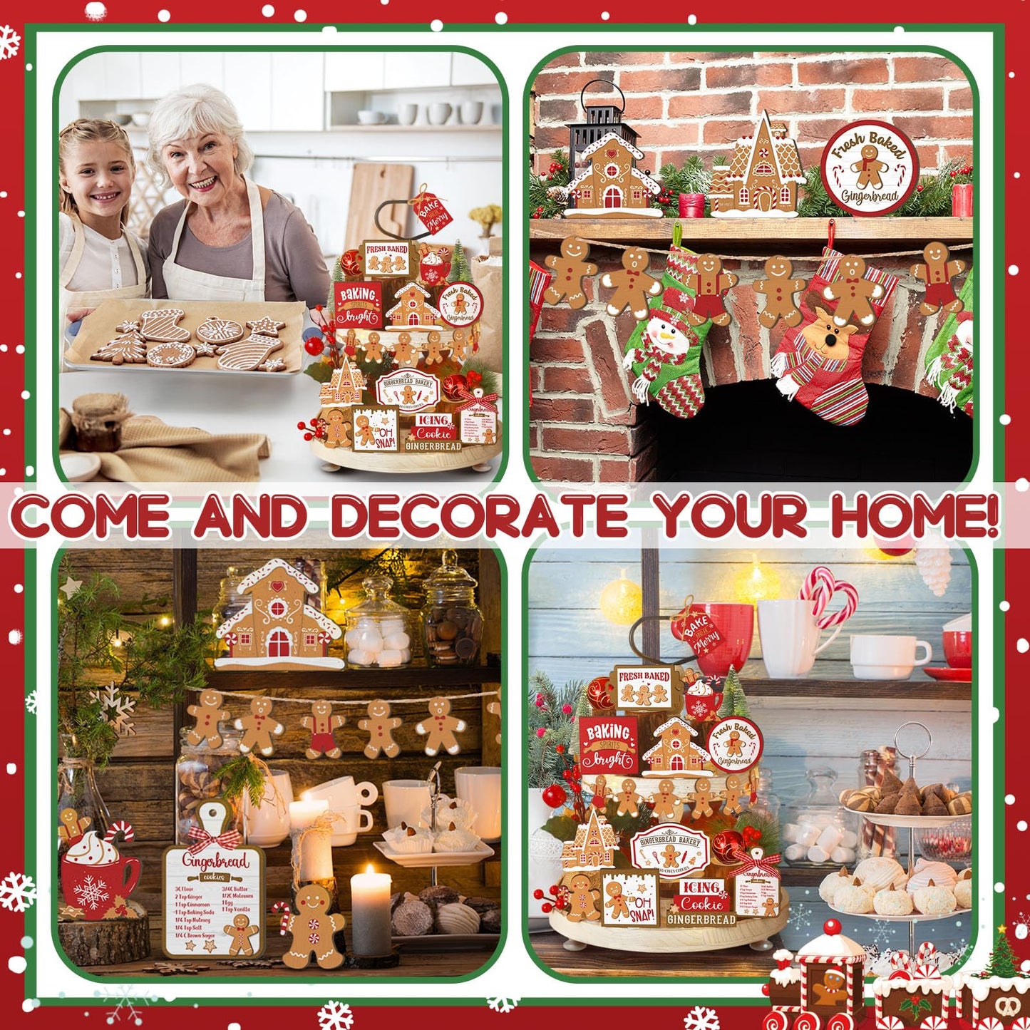 Funnymoom 17 Pcs Christmas Tiered Tray Decor Set Winter Tiered Tray Decorations Farmhouse Tabletop Centerpiece Christmas Wooden 3D Signs for Xmas Home Table Centerpiece Decorations(Gingerbread)