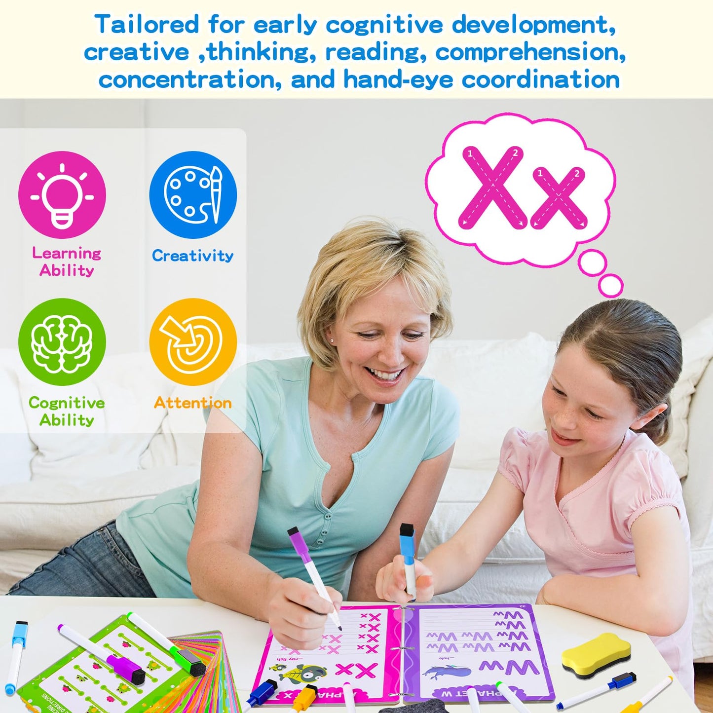 Preschool Learning Activities, 62 Pages Educational Workbook for Kids, Handwriting Practice, Montessori Toys, Autism Materials, Alphabet Learning, Kindergarten Game with Toys for Toddlers Kids 3-8