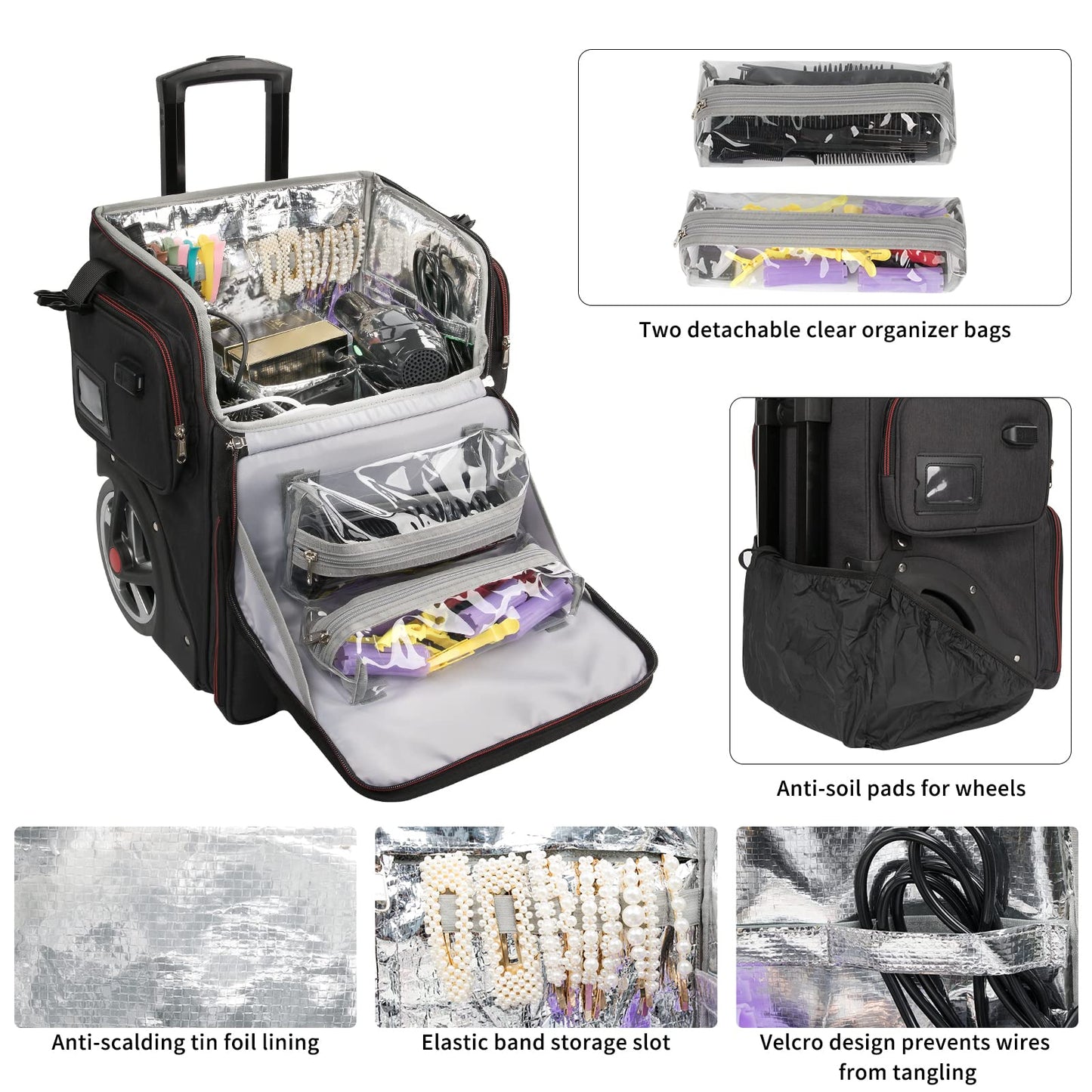 Large Makeup Train Case,Cosmetic Makeup Case for Hairstylist, Hairdresser Bag with Detachable Pouch,Heat Insulation and Anti-scalding Full layer for Hairdressing Tool Organizer Trolley with wheels
