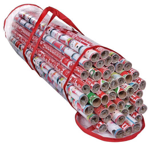 Primode Wrapping Paper Storage Bag, Gift Wrap Organizer, Fits 40 Inch Long Rolls, Hold Up to 24 Rolls, Heavy Duty Clear PVC Bag with Top and Side Handles (Red)