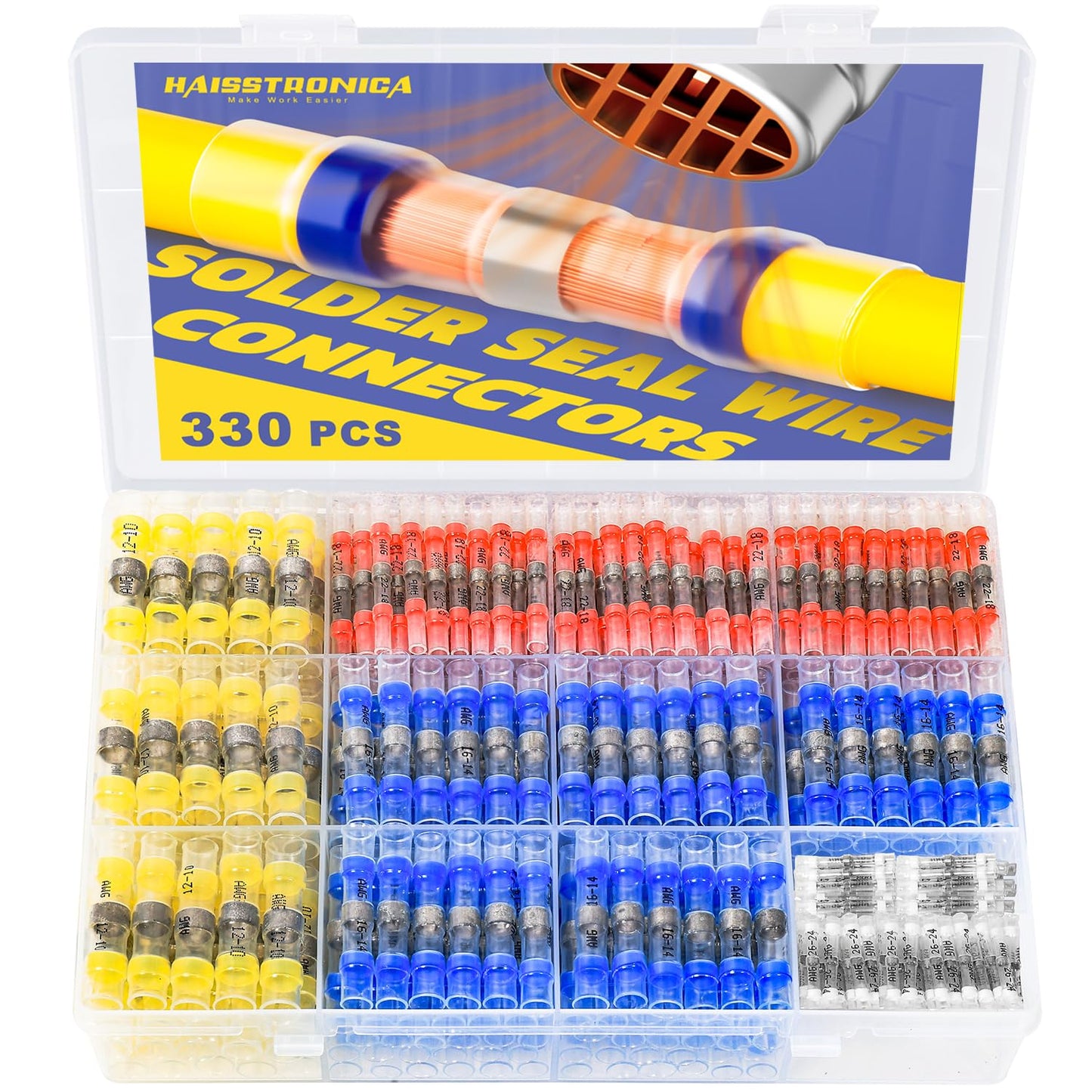 330PCS Solder Seal Wire Connectors-haisstronica Marine Grade - Heat Shrink Butt Connectors-Self Solder for Electrical,Stereo(30Yellow 80White 110Red 110Blue)