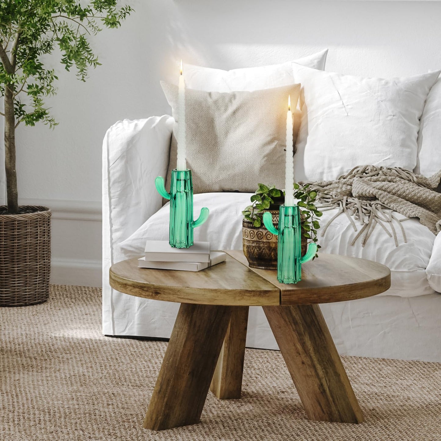 Cactus Candle Holder, 2PCS Glass Pillar Candlestick Holders Decorative Candle Stand for Home Decoration Wedding Halloween Christmas Party, Dark Green