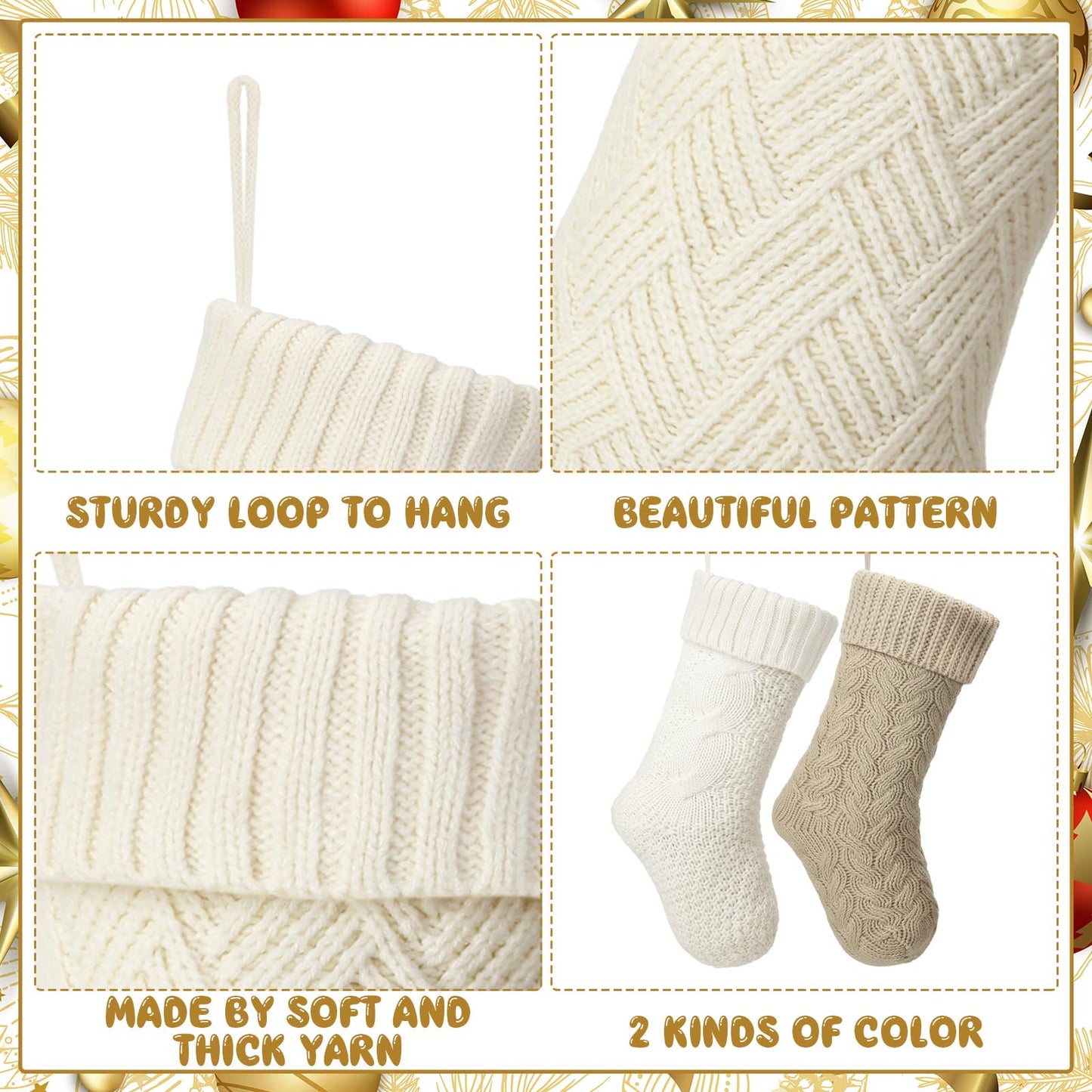 Syhood 6 Pack Cable Knit Christmas Stockings 18'' 15'' Large Knitted Stockings Ornaments Farmhouse Xmas Rustic Boho Decorations for Family Holiday Decor, 6 Styles(Khaki and Cream)