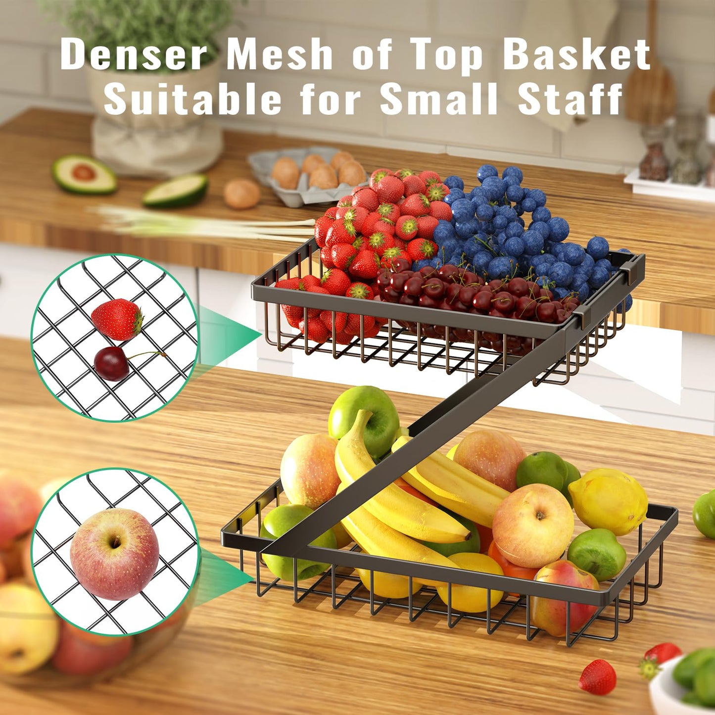 GETALL Fruit Basket for Kitchen, 2 Tier Countertop Fruit Holder, Detachable Metal Stand Fruit Bowl Organizer for Vegetable Bread Snacks Onions Storage, Large Capacity, Screws Free Design, Black(Z)