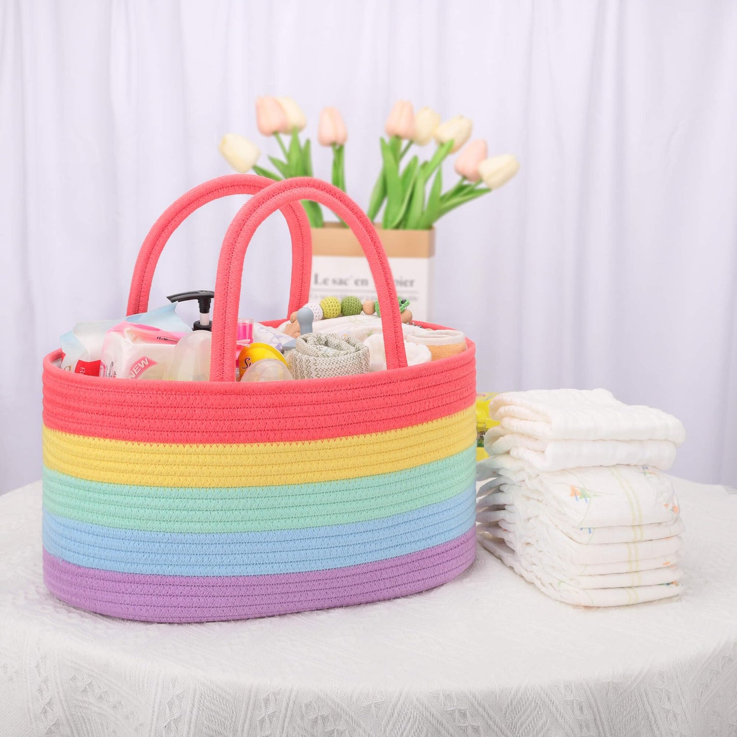 COMSE Large Baby Diaper Caddy Organizer for Girl Boy, Car Caddy with Handles, Cotton Rope Basket for Changing Table, Nursery Organizer, Gift for Baby Shower and Registry Must Have, Rainbow