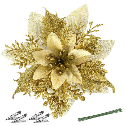 FurRain Christmas Poinsettia Artificial Flowers Decorations 5.5" Christmas Tree Wreaths Garland Decoration 12 Pcs Glitter Flowers Picks Decor for Xmas New Year Wedding Party Ornaments (Gold)