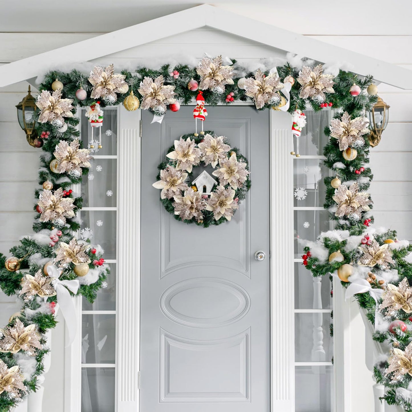 STOBOK Christmas Glitter Poinsettia Artificial Flowers|12 Pack Christmas Tree Ornaments for Wreaths Garland Holiday Party, Xmas Decoration, Red 6 Inch (Poinsettia)