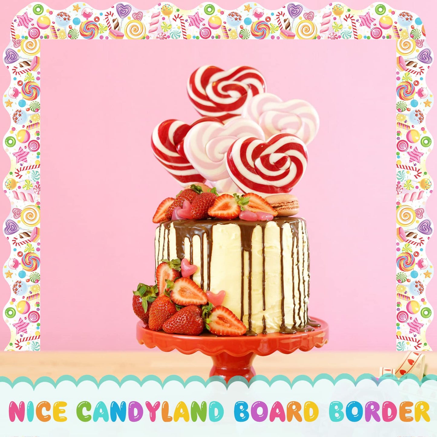 Outus 65.6ft Candyland Bulletin Board Border Lollipop Self Adhesive Scalloped Border Trims Sweet Themed Cutouts Bulletin Board for Classroom School Door Desk Supplies, Birthday Party Decorations