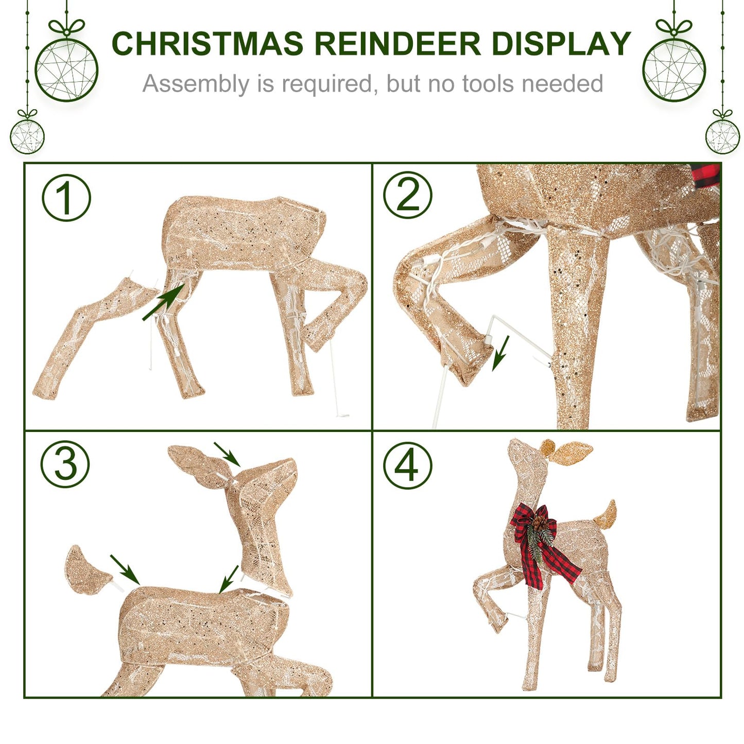 2 Pack Reindeer Christmas Decoration with 105 Lights Xmas Lighted Golden Glittering Deer for Indoor Outdoor Yard Lawn Decoration