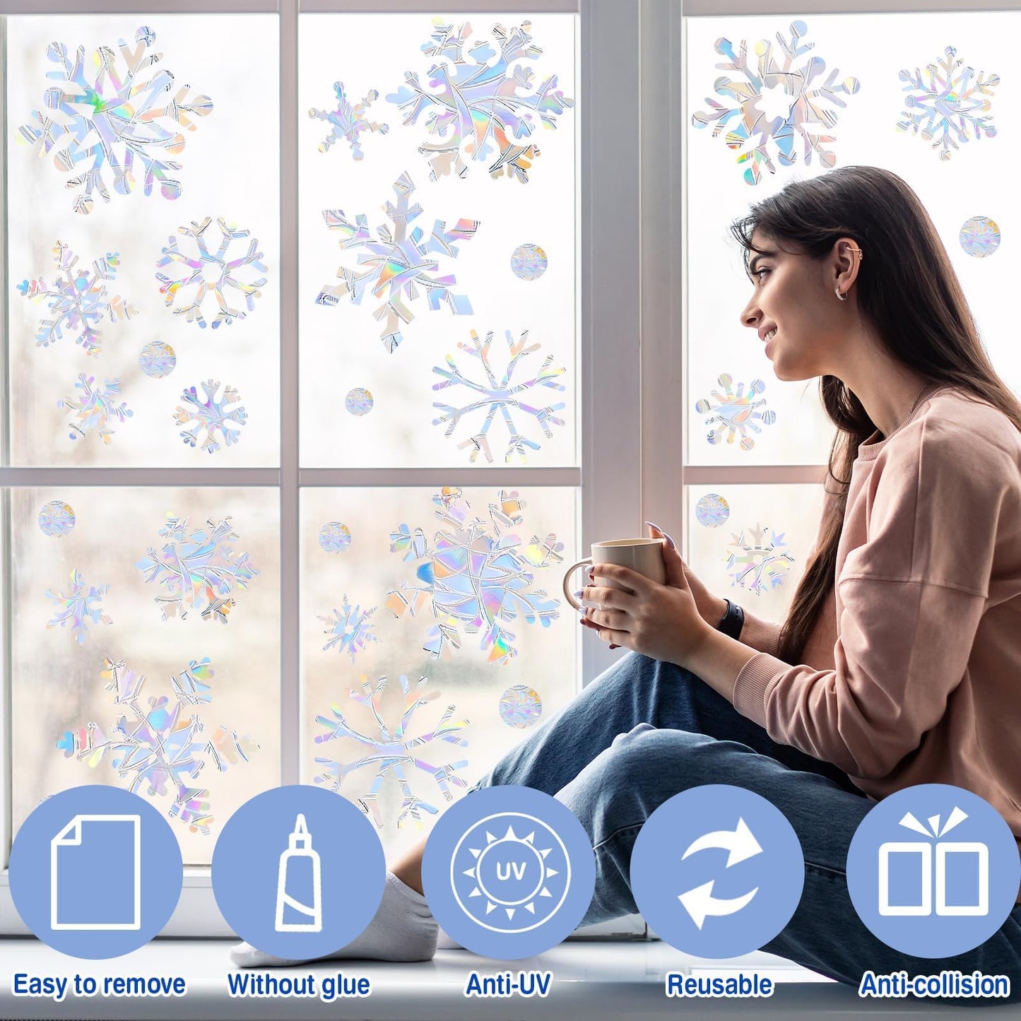 216pcs Christmas Snowflake Window Clings for Glass Windows Decorations, 8 Sheets Iridescent Static Snowflake Window Decal Stickers for Christmas Windows Decor 