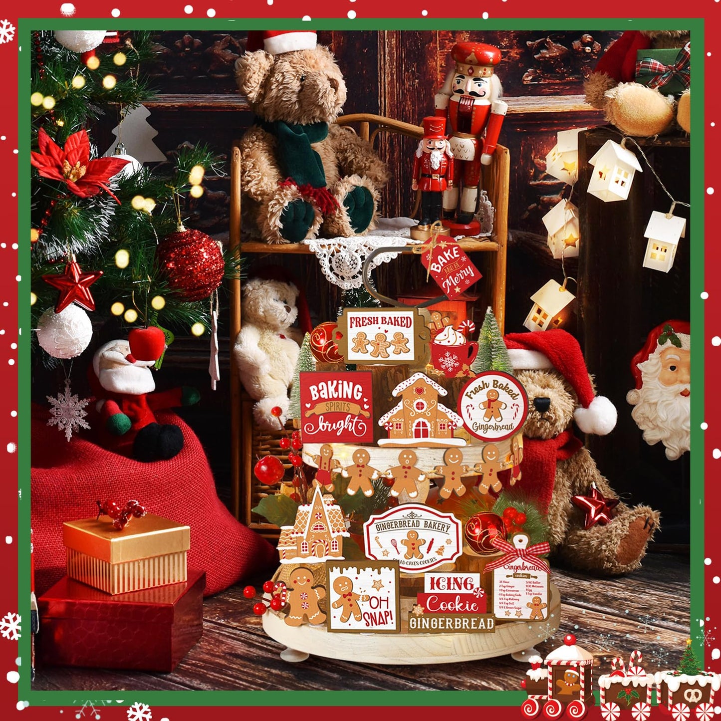 Funnymoom 17 Pcs Christmas Tiered Tray Decor Set Winter Tiered Tray Decorations Farmhouse Tabletop Centerpiece Christmas Wooden 3D Signs for Xmas Home Table Centerpiece Decorations(Gingerbread)