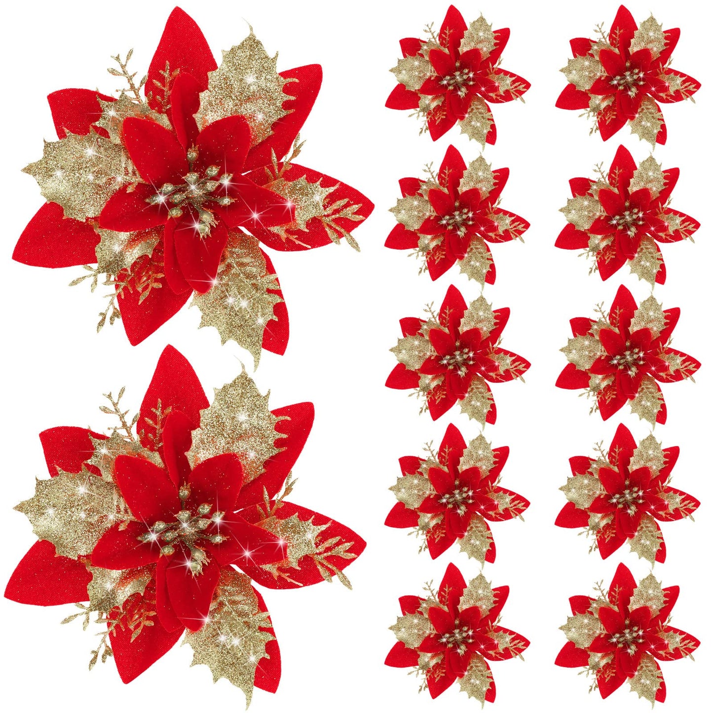 Canlierr 5.7 Inch Artificial Poinsettias Christmas Glitter Flowers with Clips Xmas Tree Flower Ornament Poinsettias Decor (Red Golden,12 Pieces)