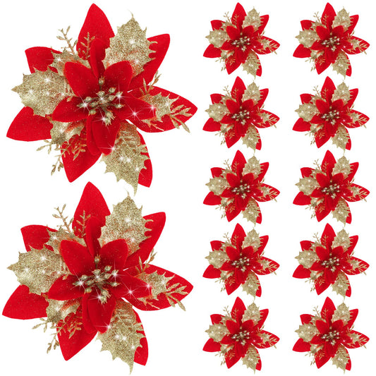 Canlierr 5.7 Inch Artificial Poinsettias Christmas Glitter Flowers with Clips Xmas Tree Flower Ornament Poinsettias Decor (Red Golden,12 Pieces)