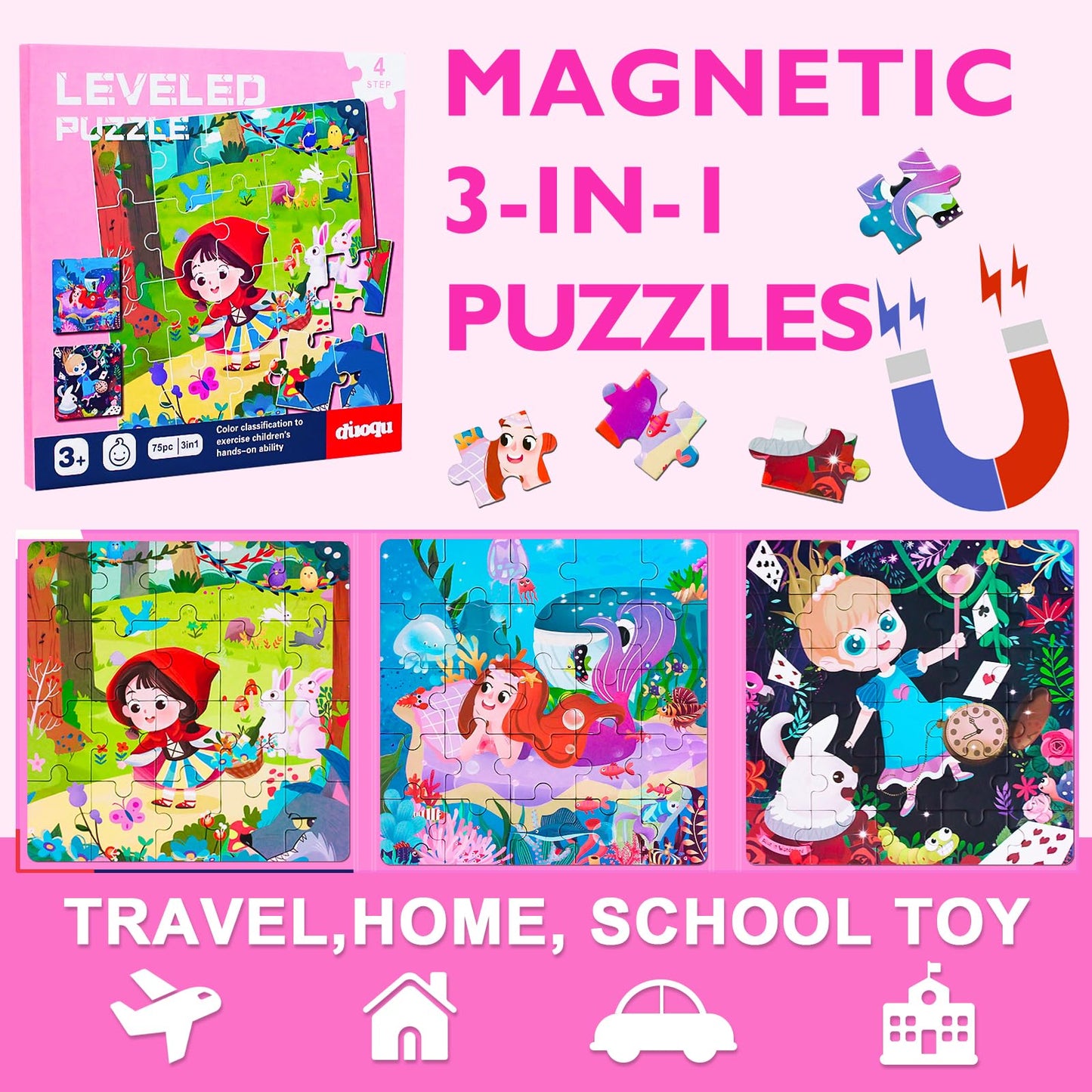 Magnetic Puzzles for Kids Ages 3-5, 3 in 1 Toddler Fairy Jigsaw Puzzle Book, Kids Travel Puzzles Toys, Preschool Learning Toy for Kids 3-8 Year (Fairy Tales)