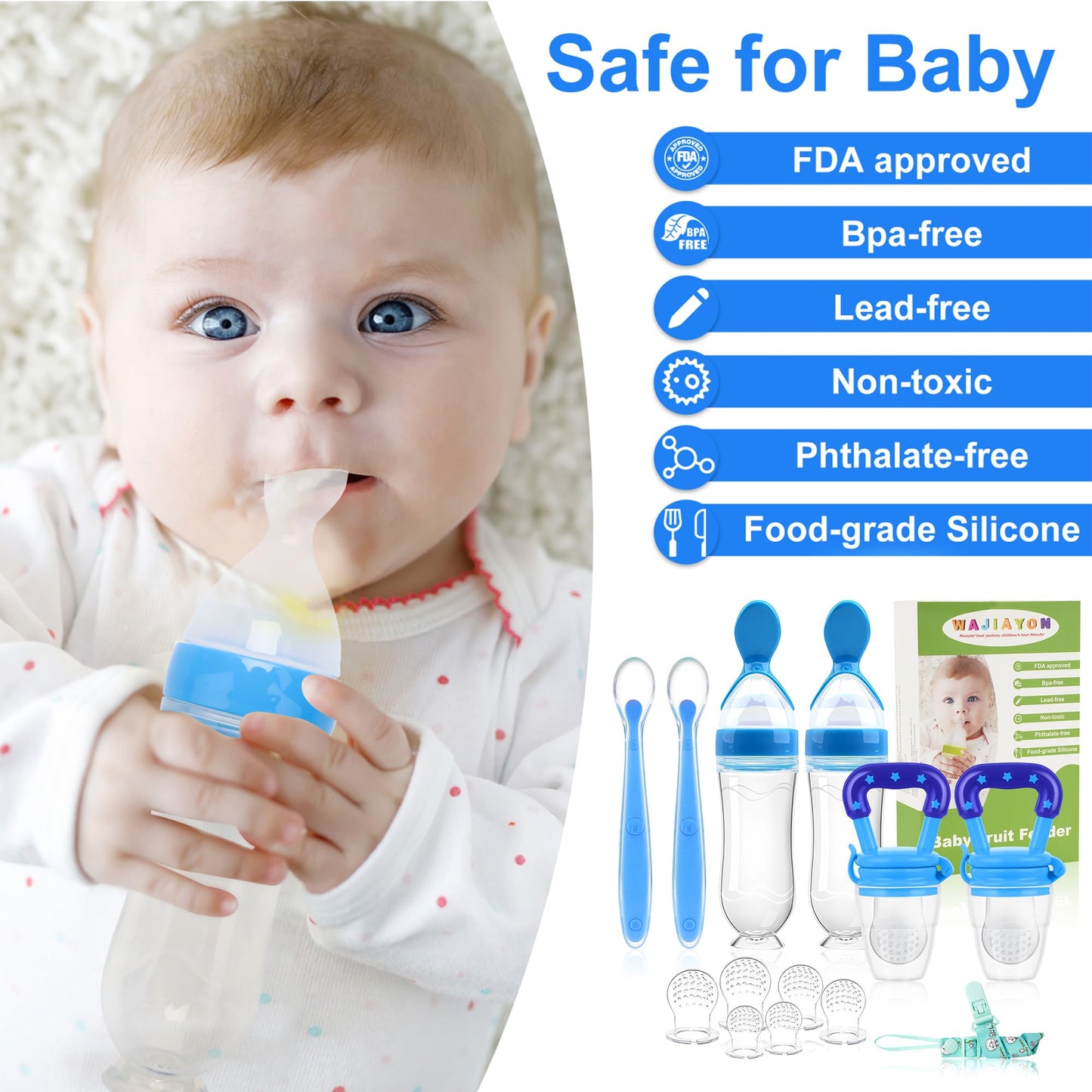 WAJIAYON Baby Fruit Feeder Pacifier | Infant Food Feeder Pacifier & Food Dispensing Spoon | Fresh Fruit Teethers for Babies | Silicone Feeder Baby,Mesh Feeder Shower Gifts for Boys and Girls(Blue)