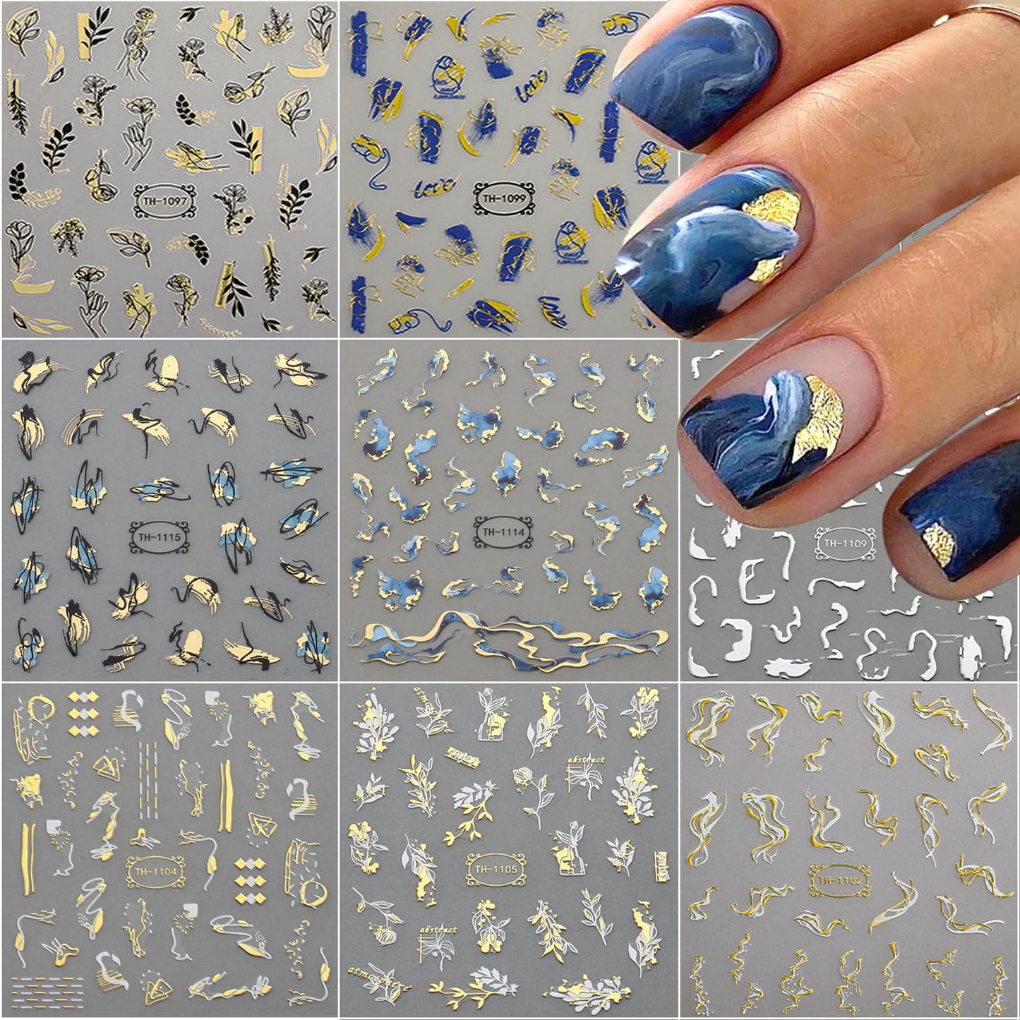 8 Sheets Letters Nail Stickers Decals Alphabet Numbers Nail Decals for Nail Art 3D Self-Adhesive Metallic Black Silver Gold Nail Art Stickers Supplies for Women Girls Nail Decoration Manicure