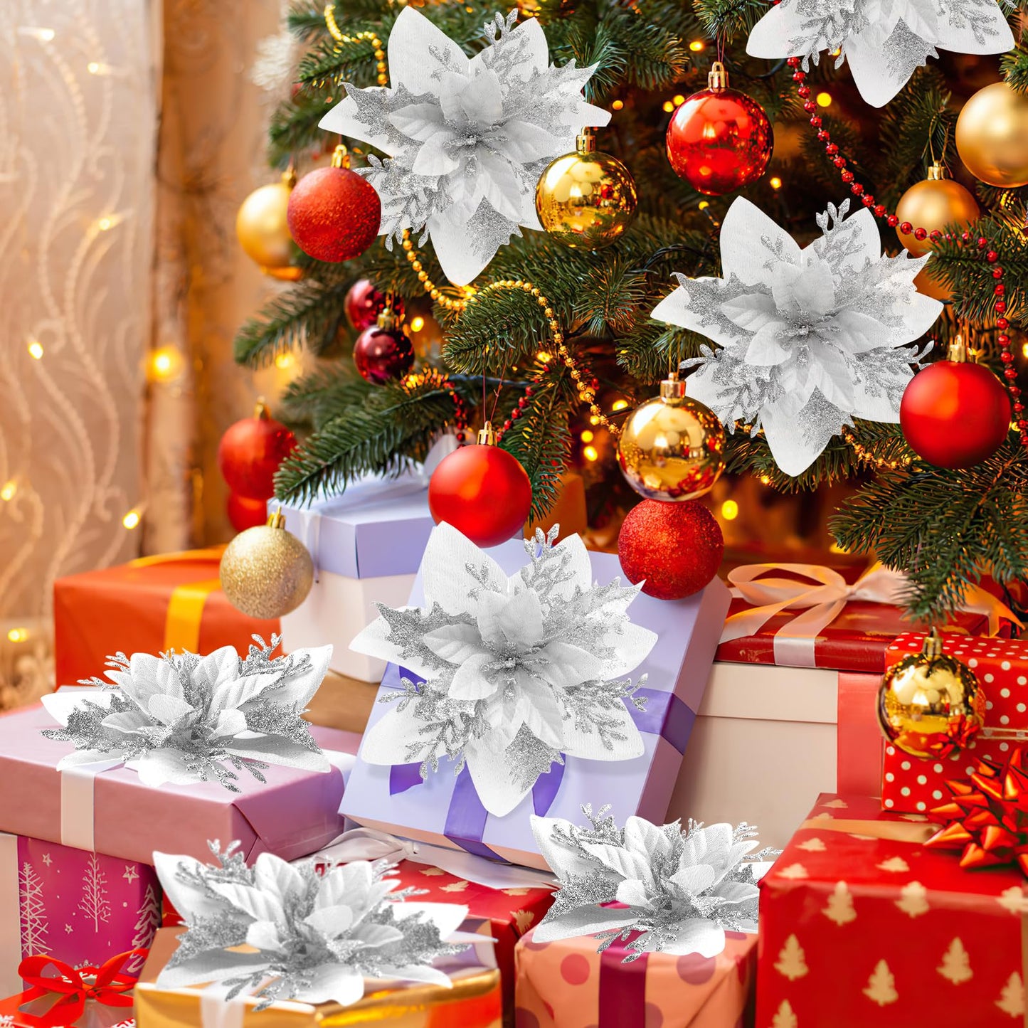 14PCS Christmas Tree Decorations Poinsettias Artificial Flowers-5.5“ Glitter Poinsettia Artificial Flowers with 14pcs Clips Glitter Poinsettia Christmas Ornaments for Xmas Party Ornaments and Decor